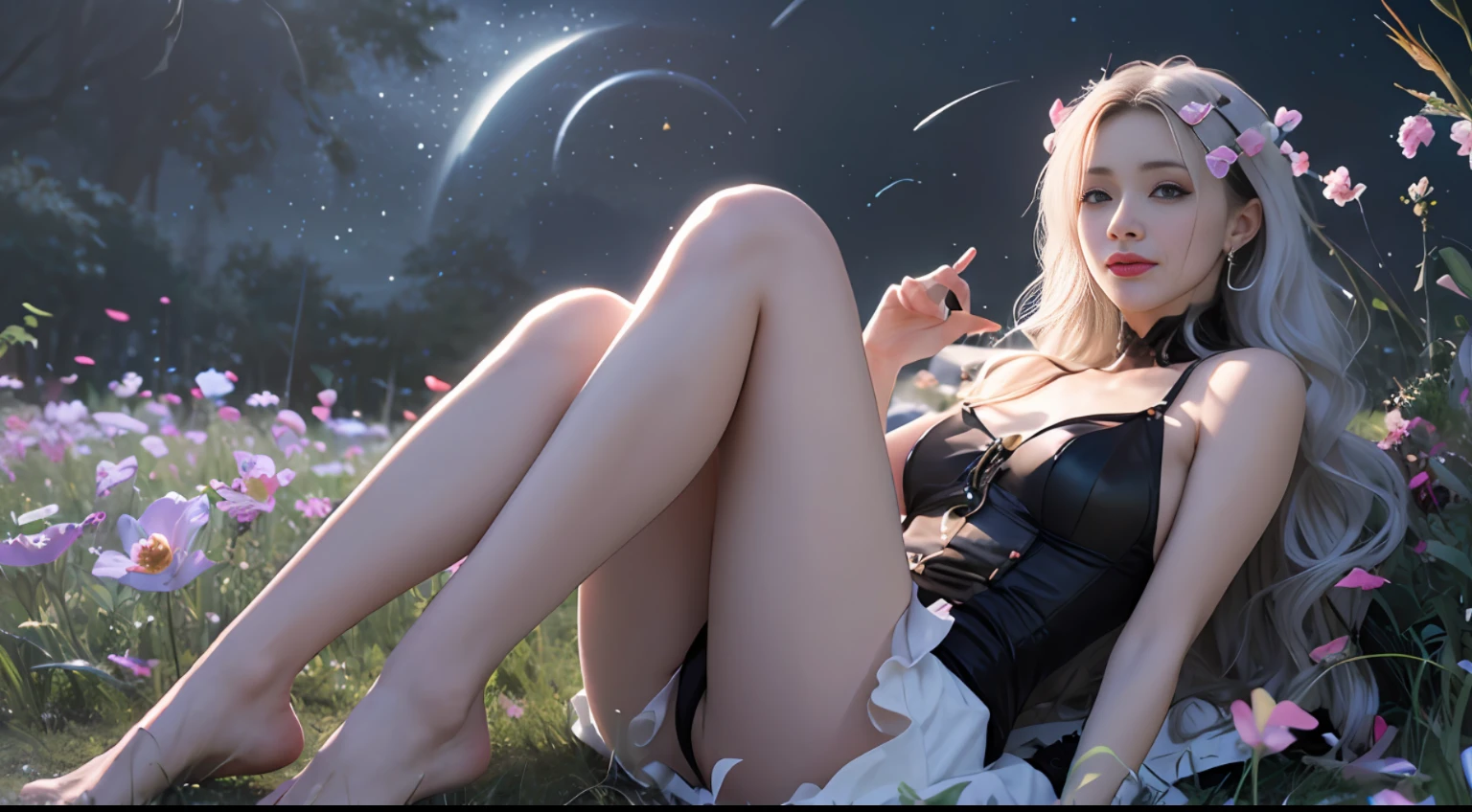 NSFW:1.5,Masterpiece, Best quality, 1girls, (Colorful),(delicate eyes and face), volumatic light, Ray tracing, Bust Up Shot ,Passing the eyes of God,Slender legs,Barefoot,Extremely detailed CG Unity 8K wallpaper,独奏,Make a smile,((flying petal)),(Flowery meadow) Sky, cloudy day_Sky,moonbeams, Moon, night, (Dark theme:1.3), Light, fantasy, windy, magic sparks, dark castle,White hair,