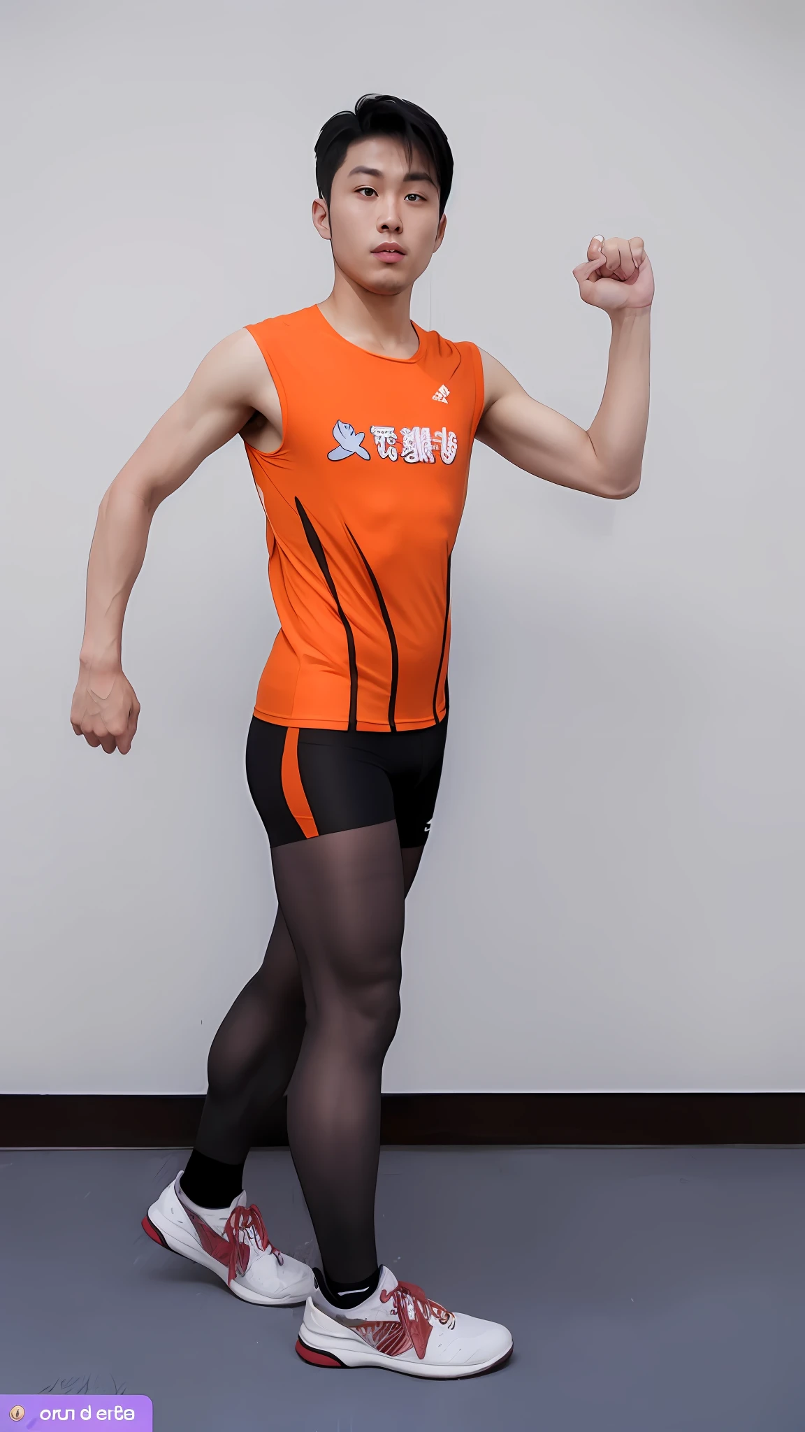 Man in orange shirt and orange shorts and pantyhose poses for photo, Wear athletics uniform and pantyhose, Highresolution,Realstic, photos, Wearing pantyhose, Wear tank top and shorts and pantyhose, professional sports style, sport clothing, Sporty physique, Athletic muscular legs,Asian handsome man(Emphasizes the luster of pantyhose)