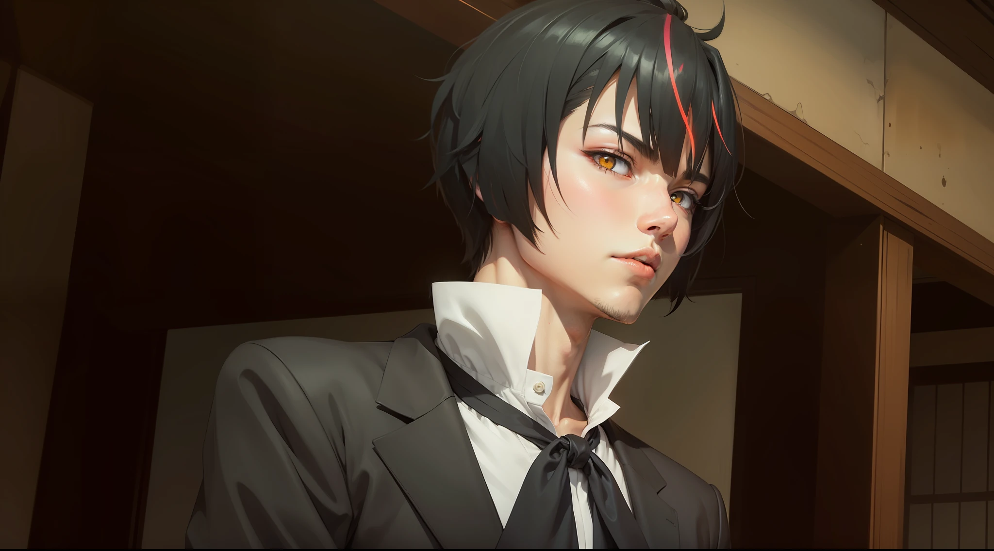 anime boy with black hair and yellow eyes and a black jacket, portrait gapmoe yandere grimdark, gapmoe yandere, with glowing red eyes, with red glowing eyes, handsome japanese demon boy, shigenori soejima illustration, made with anime painter studio, anime style portrait, gapmoe yandere grimdark, yuyushiki, realistic anime art style --auto