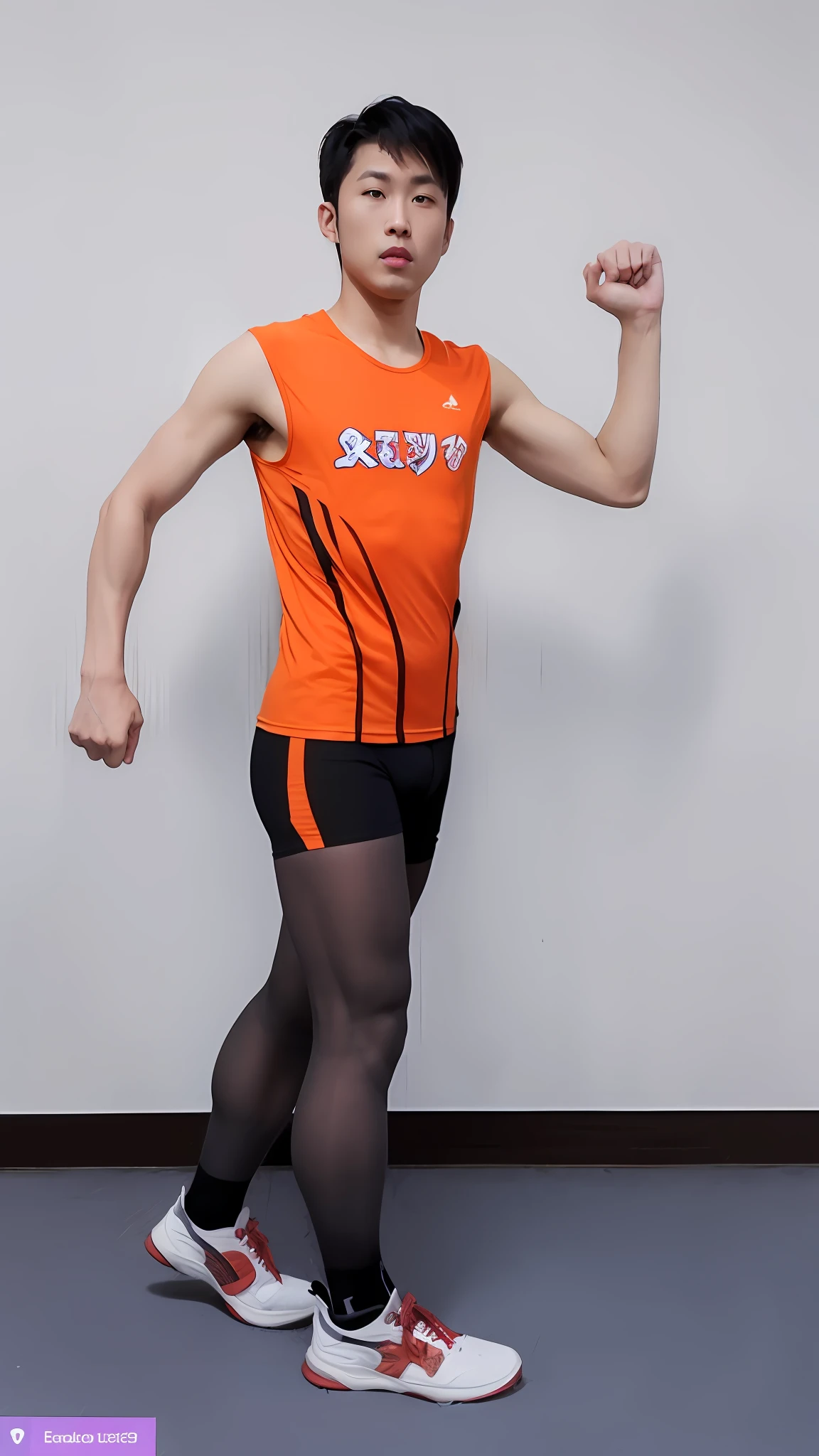 Man in orange shirt and orange shorts and pantyhose poses for photo, Wear athletics uniform and pantyhose, Highresolution,Realstic, photos, Wearing pantyhose, Wear tank top and shorts and pantyhose, professional sports style, sport clothing, Sporty physique, Athletic muscular legs,Asian handsome man(Emphasizes the luster of pantyhose)