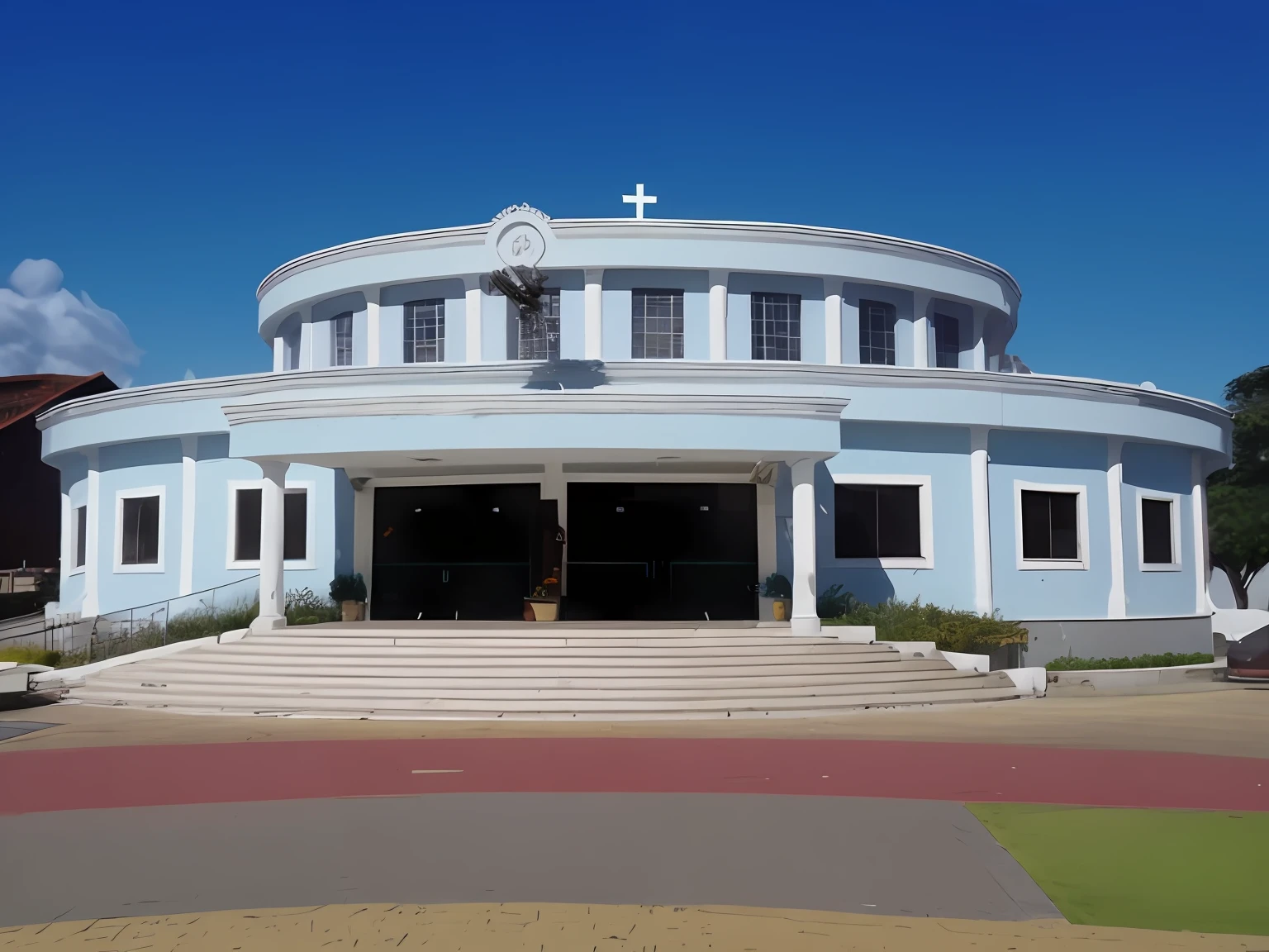 arafed view of a large blue building with a cross on the top, Vista frontal, vista exterior, Completo - Ver, vista frontal, catedral da igreja, catedral, lugar santo, imagem frontal, religion, visto de fora, vista para o solo, Front view, bispo do rosario, vista externa, Igreja Marilyn H, Frente, vista de frente, Beautiful image,Futuristic Sky 4D with Angels, 8k