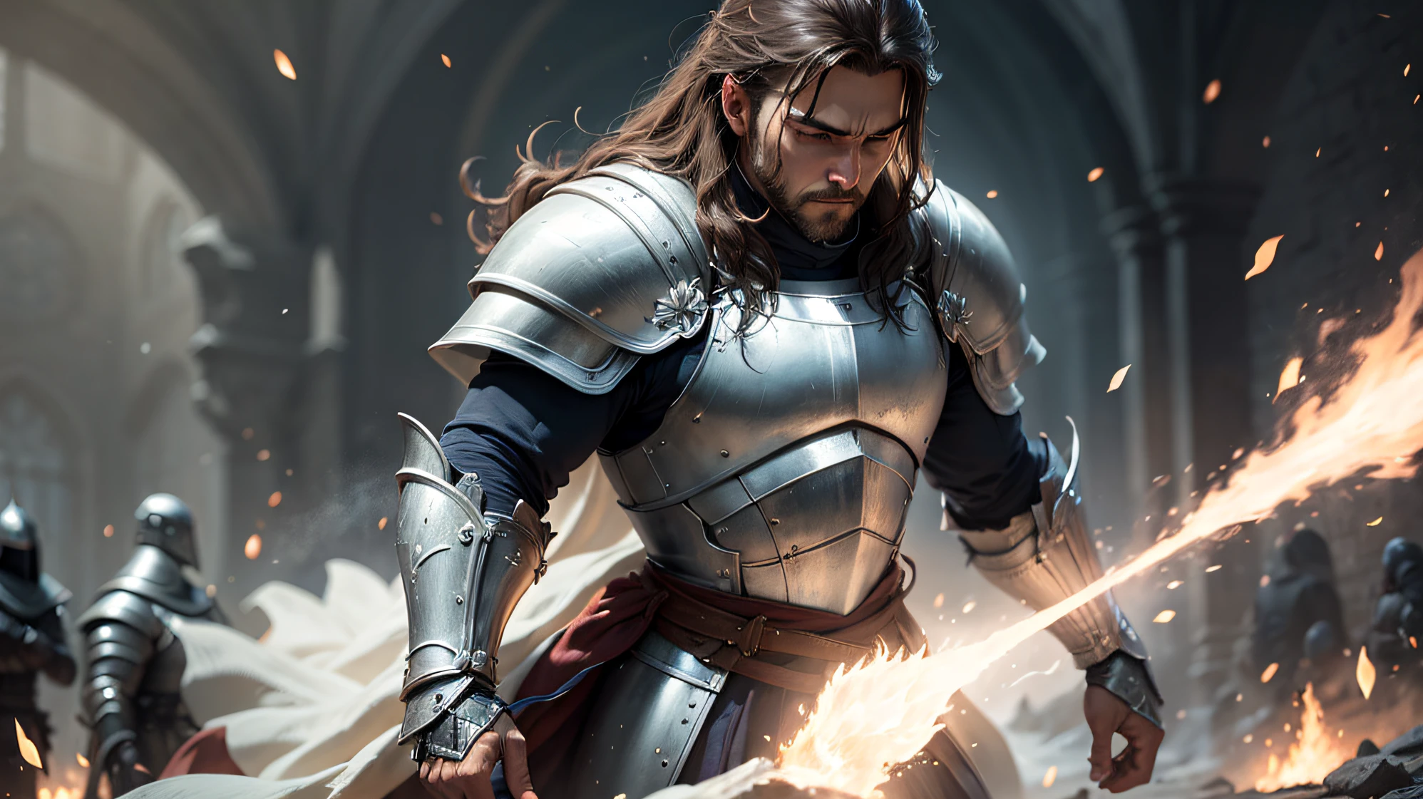 A very handsome Knight with a black Armour without helmet, black beard, black hair and an intimidating face