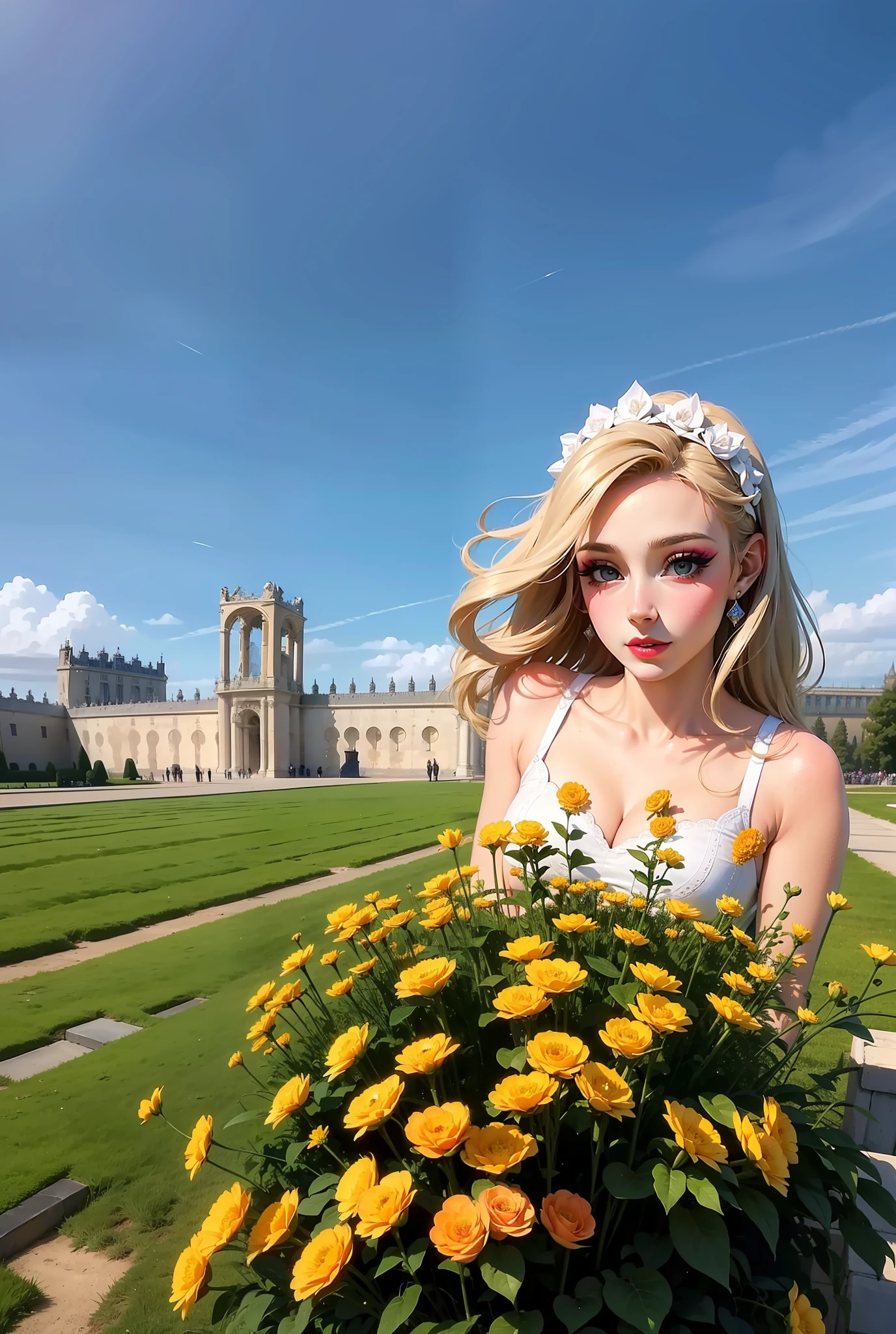 Masterpiece, Best quality, super high resolution,  OlgaAbramovich (Face focus:1.2), (Photorealistic:1.4) , Blonde , tiny waist,  Blushing, pink cheeks, stands, (photo from above), tight corset, (Beautiful face, Makeup:1.4),(Chateau de Versailles, Pisa Baptistery Of St. John background, Flowers,navel,crowd),ModelShoot style, neutral expression