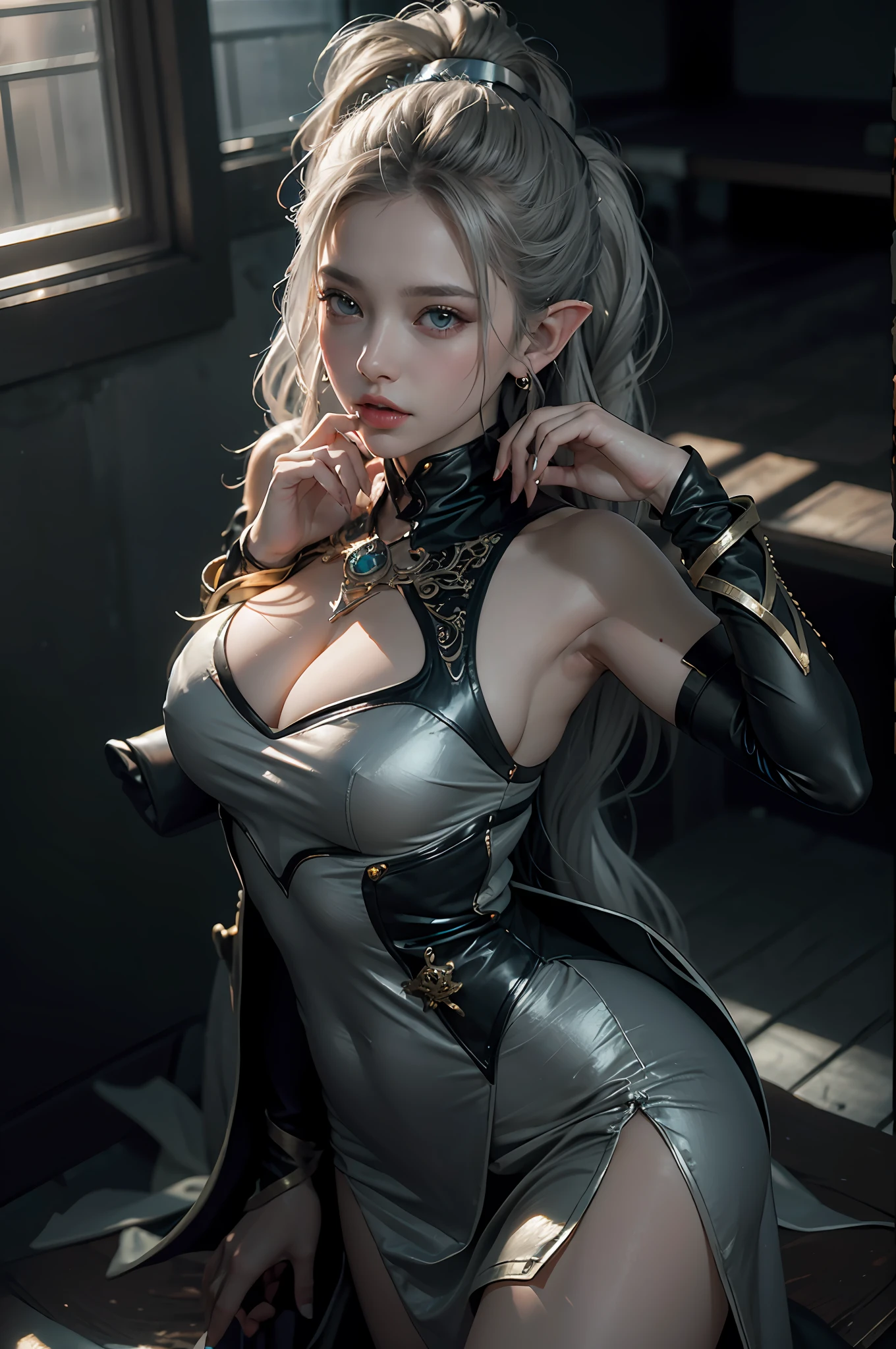 ((best qualiy)), ((A masterpiece)), (detail:1.4), 3D, A beautiful elven fantasy beautiful girl，Elf long ears，ear studs，（（Long silver hair，Double ponytail:1.9））,（Purple princess dress：1.4）（Western European medieval style，Metal Temple，：1.6），Metallic sequins，Fantasy wind,close up of face shot,Extremely normal hands,Extremely normal legs,hdr（High dynamic range）,ray traicing,NVIDIA RTX,ultra resolution,Unreal 5,Subsurface scattering、PBR Texture、Postprocessing、Anisotropic filtration、depthoffield、Maximum clarity and clarity、Multilayer Texture、Albedo e mapas Speculares、Surface Shading、Accurate simulation of light-material interactions、perfectly proportioned、octane render aesethic、Two-color light、Large aperture、Low ISO、White balance、rule of thirds、8K RAW