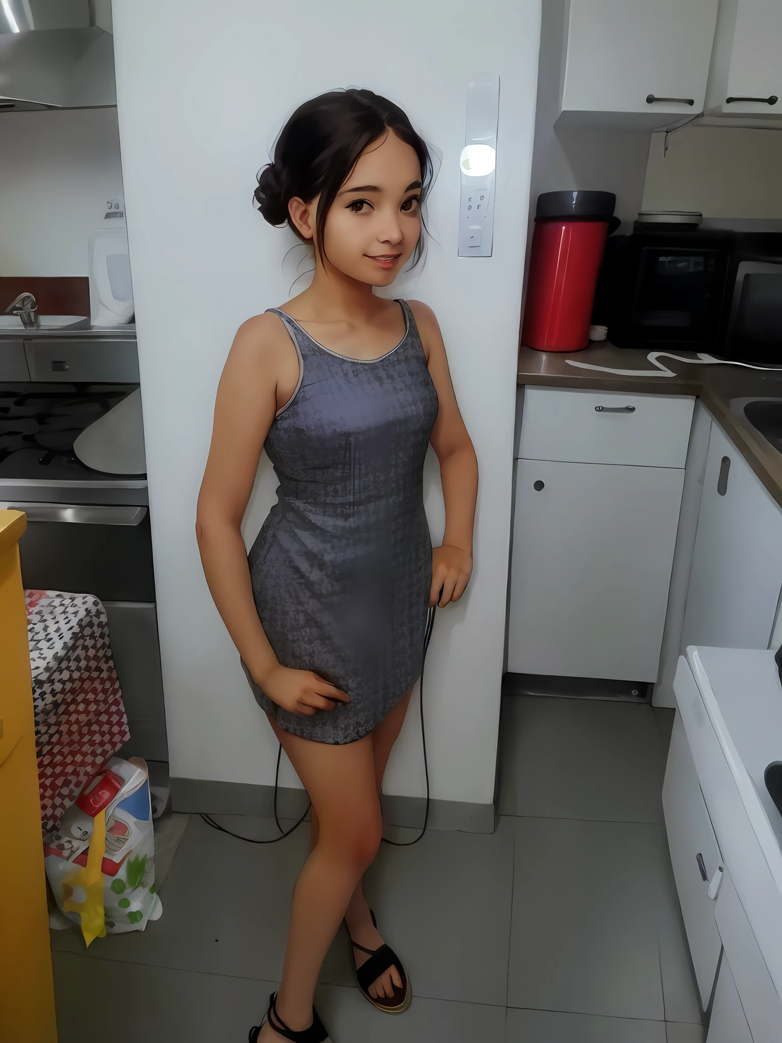 there is a young girl standing in a kitchen with a dog, ela tem cerca de 1 6 anos de idade, usando vestido prateado, usando vestido, usando um vestido cintilante, em torno de 1 9 anos, corpo inteiro!, Alanis Guillen, ela tem cerca de 2 0 anos, ela tem cerca de 20 anos, 1 6 anos, nigth,  em um vestido