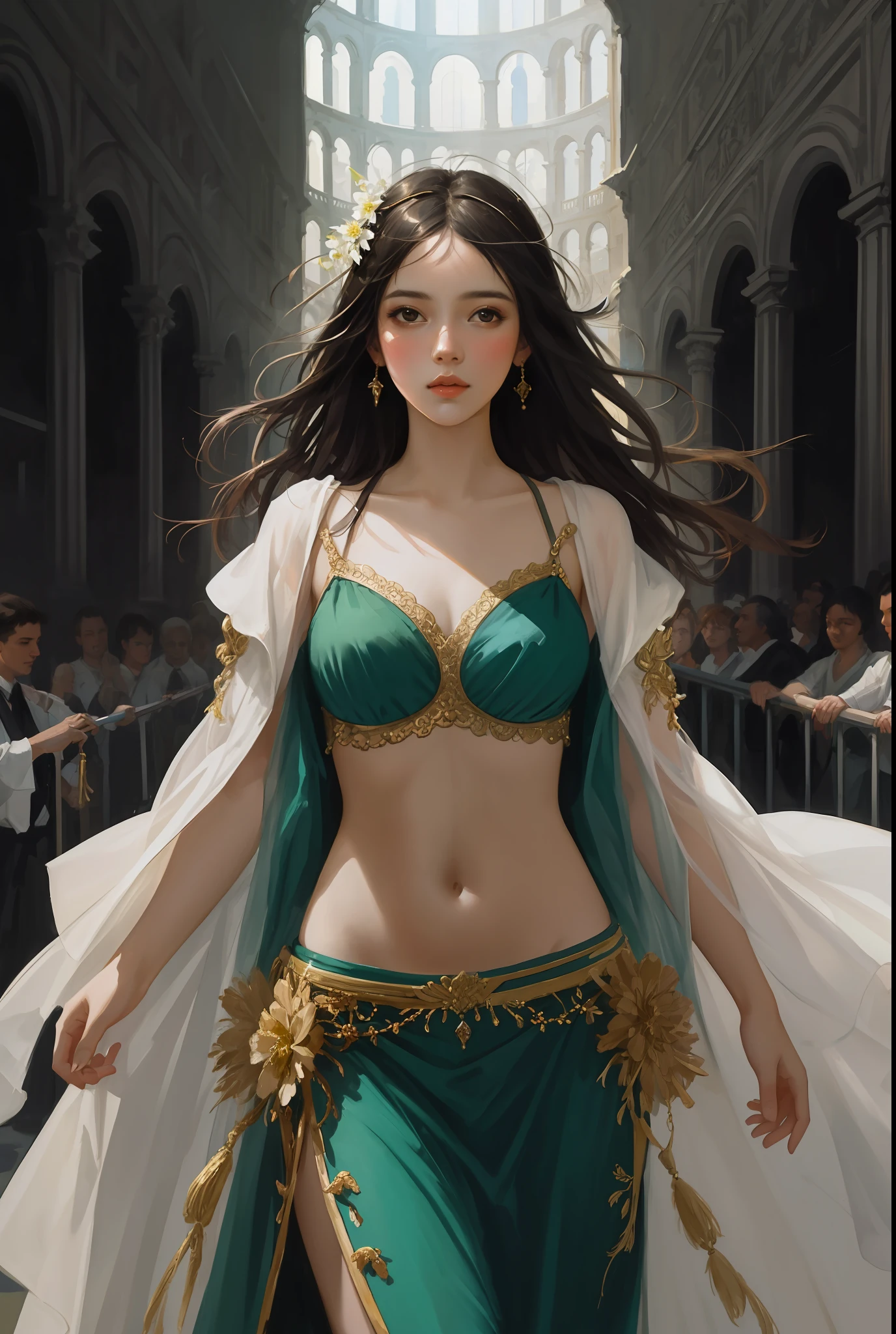 modelshoot style, (extremely detailed CG unity 8k wallpaper),full shot body photo of the most beautiful artwork in the world, stunningly beautiful photo realistic cute women intricately detailed costume,(Chateau de Versailles, Pisa Baptistery Of St. John background, Flowers,navel,crowd), professional majestic oil painting by Ed Blinkey, Atey Ghailan, Studio Ghibli, by Jeremy Mann, Greg Manchess, Antonio Moro, trending on ArtStation, trending on CGSociety, Intricate, High Detail, Sharp focus, dramatic, photorealistic painting art by midjourney and greg rutkowski