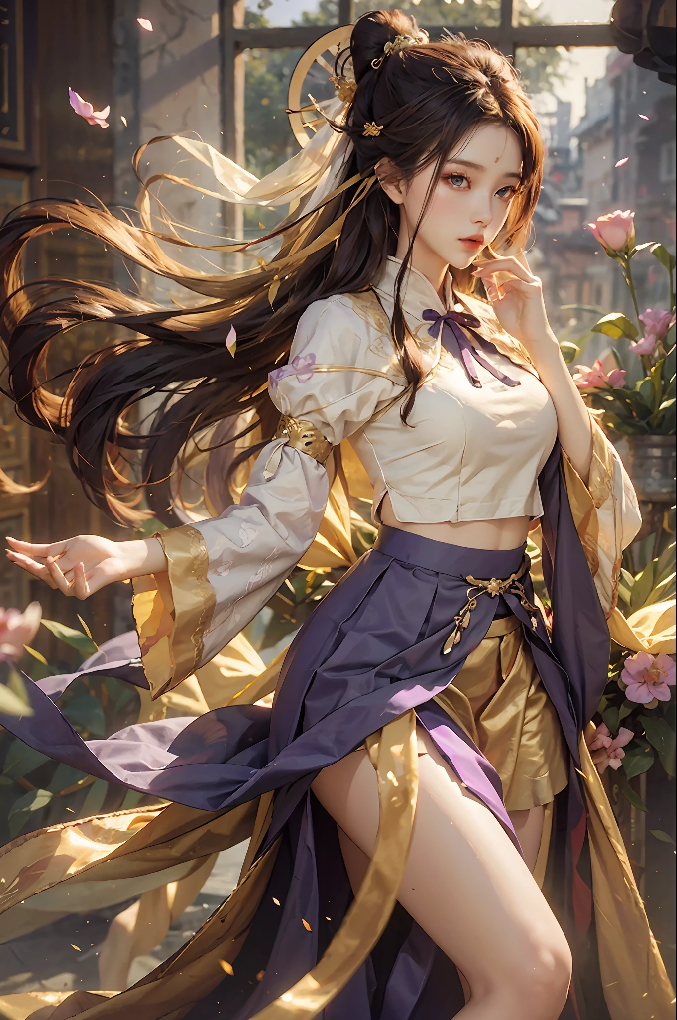 Superb Quality, Masterpiece, High Resolution, (Exquisite Body: 1.5), Stunning Beauty, (Milky Skin: 1.3), Exquisite Details, High Resolution, Wallpaper, 1 Woman, Solo, Dress, Hair Accessories, (((Golden Purple Skirt)) ), Flower, Long Hair, Brown Hair, Shut Up, Accessories, Long Sleeves, Raised Hand, Wide Sleeves, Big Eyes, Flowing Hair, Hanfu, Hanfu, Embroidery, Long Skirt, Natural Pose, Falling Petals, Indoor, Fanning, Lantern, 16K, HDR, High Resolution, Depth of Field, (Film Grae: 1.1), Bocon, Primetime, (Lens Glow), Vignette, Rainbow, (Color Grading: 1.5)
