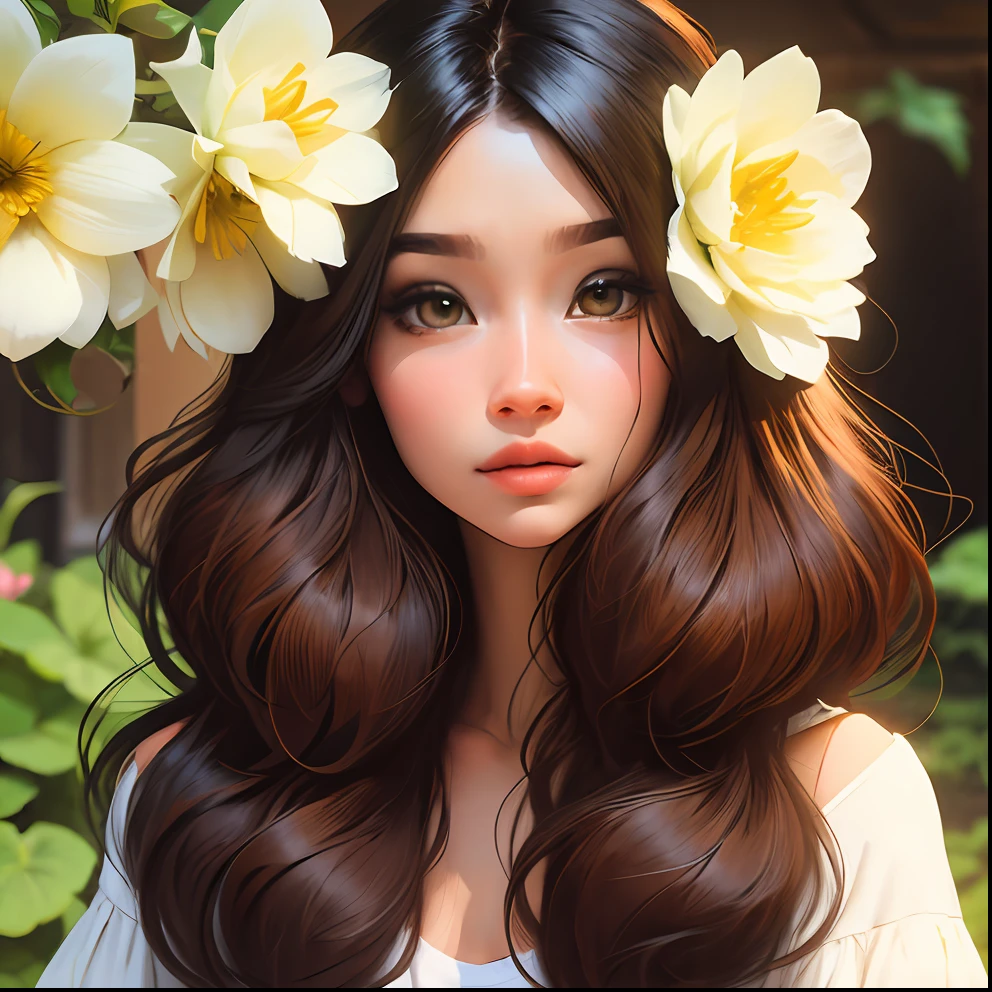 Uma mulher com cabelos longos e ondulados, com borboletas e flores em volta do cabelo. --auto --s2