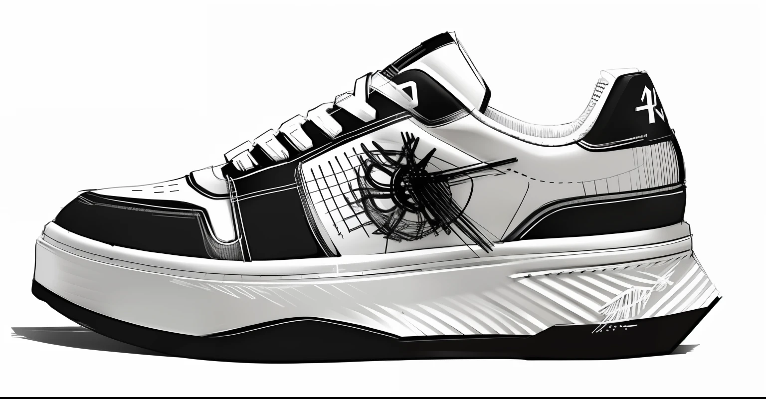 Sketch sneakers, sneaker design, Mechanical drawing，The artwork is on sketch paper，A scene with a pen placed next to it，Sketch 1.8，Charcoal texture 1.4，Pencil texture 1.6，Minimalist，Leave white space，art，Extreme，Master draws