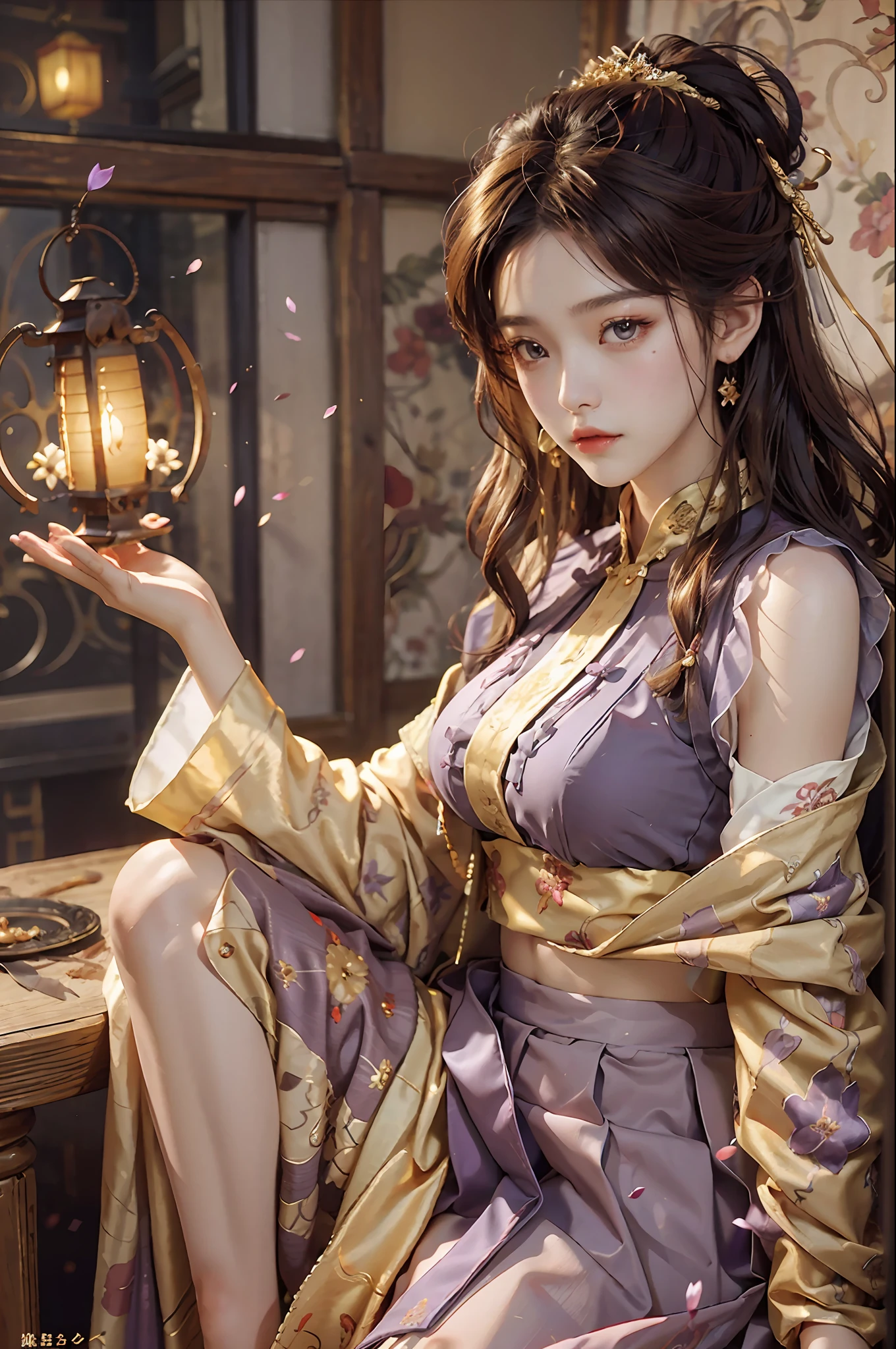 Superb Quality, Masterpiece, High Resolution, (Exquisite Body: 1.5), Stunning Beauty, (Milky Skin: 1.3), Exquisite Details, High Resolution, Wallpaper, 1 Woman, Solo, Dress, Hair Accessories, (((Golden Purple Skirt)) ), Flower, Long Hair, Brown Hair, Shut Up, Accessories, Long Sleeves, Raised Hand, Wide Sleeves, Big Eyes, Flowing Hair, Hanfu, Hanfu, Embroidery, Long Skirt, Natural Pose, Falling Petals, Indoor, Fanning, Lantern, 16K, HDR, High Resolution, Depth of Field, (Film Grae: 1.1), Bocon, Primetime, (Lens Glow), Vignette, Rainbow, (Color Grading: 1.5)