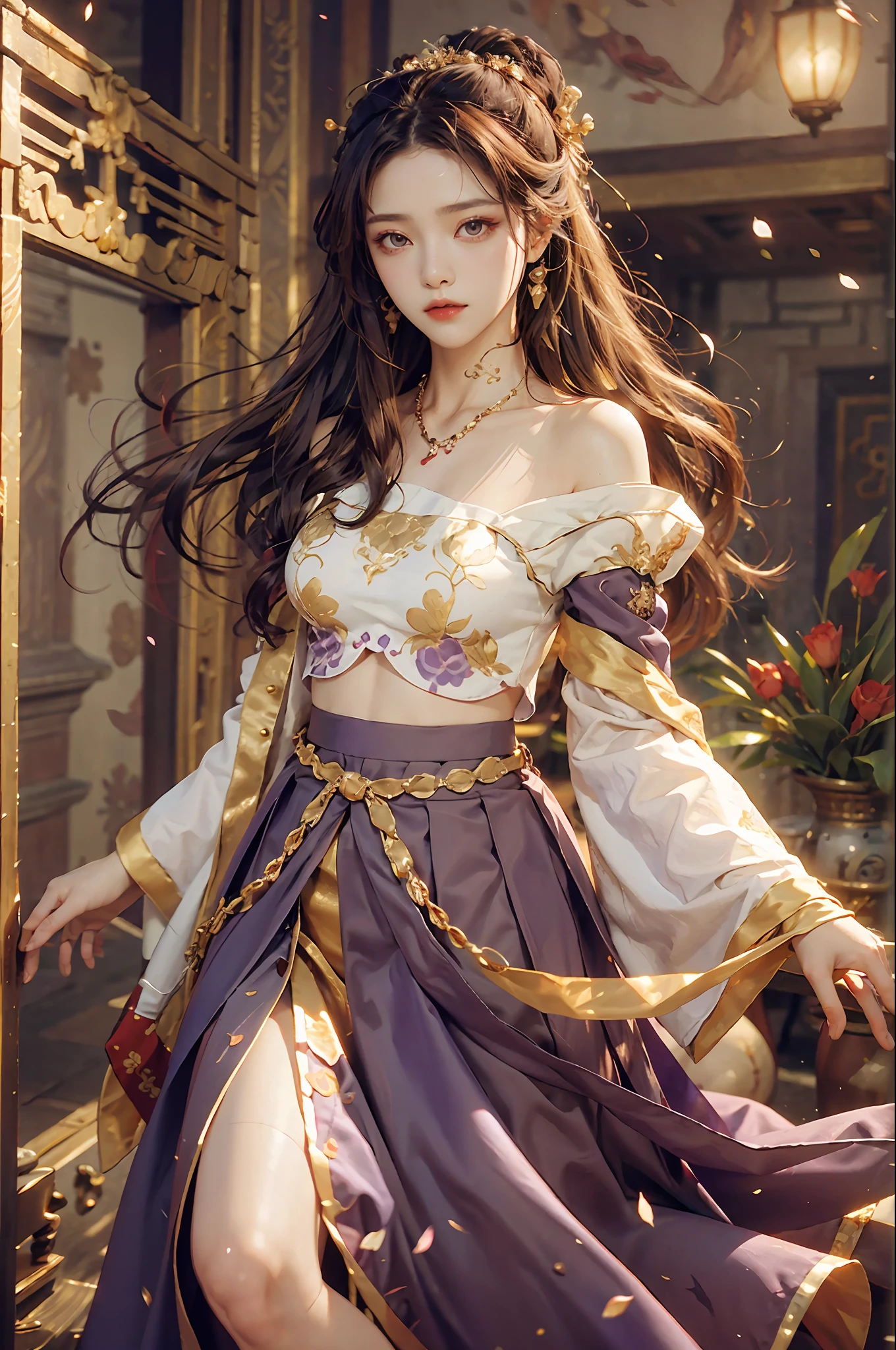Superb Quality, Masterpiece, High Resolution, (Exquisite Body: 1.5), Stunning Beauty, (Milky Skin: 1.3), Exquisite Details, High Resolution, Wallpaper, 1 Woman, Solo, Dress, Hair Accessories, (((Golden Purple Skirt)) ), Flower, Long Hair, Brown Hair, Shut Up, Accessories, Long Sleeves, Raised Hand, Wide Sleeves, Big Eyes, Flowing Hair, Hanfu, Hanfu, Embroidery, Long Skirt, Natural Pose, Falling Petals, Indoor, Fanning, Lantern, 16K, HDR, High Resolution, Depth of Field, (Film Grae: 1.1), Bocon, Primetime, (Lens Glow), Vignette, Rainbow, (Color Grading: 1.5)
