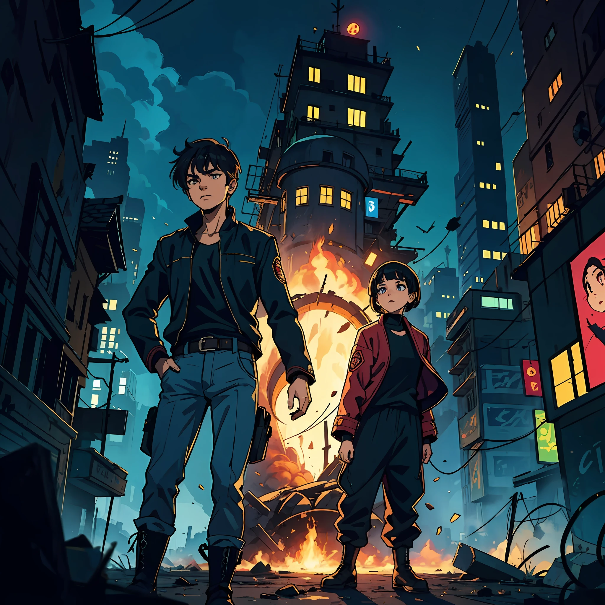 Un chico, alto, cabello negro, cabello abundante despeinado, piel morena, ojos verdes, una cicatriz en su ojo izquierdo, pantalones azules, botas negras altas, bufanda roja, camisa amarilla, guantes negros altos, joven, Apocalyptic background, Ruinas, ciudad destruida, de noche, anime, 2d, cartoon, comic