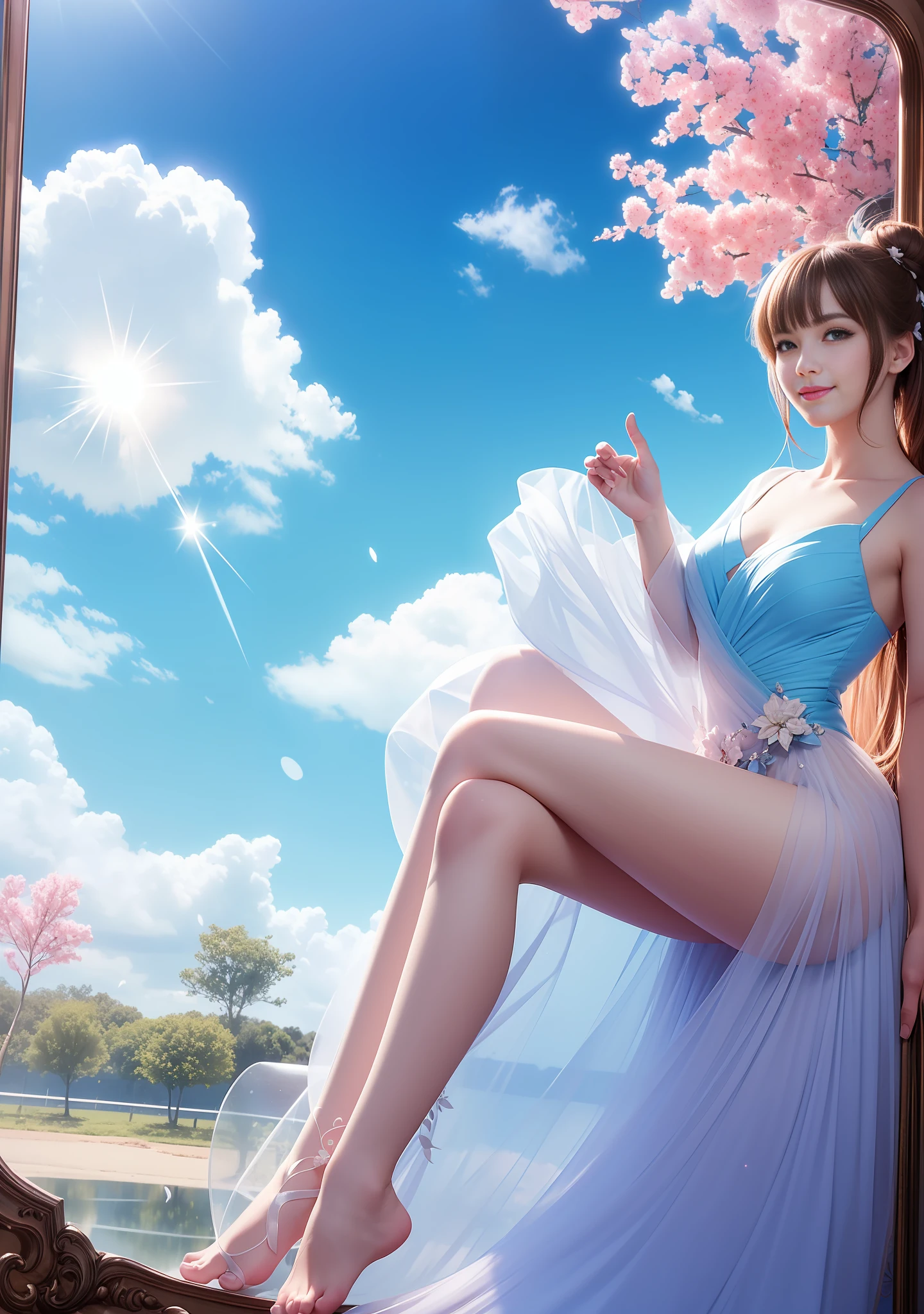 1 girl, single, (feet in the sky: 1.3), blue sky, mirror, light pink and light sky blue style, ethereal leaves, playful arrangement, fantasy, high contrast, (8K wallpaper: 1.3), realistic, octane rendering, surreal, (skin dents: 1.5), (realistic face: 1.2), sharp focus, masterpiece, (best quality), (mirror illumination: 1.5), light on the face, sharp face, long hair, light makeup, smile: 1.2, cute, (after fingering: 1.1), (long tulle: 1.6), wind, bun, (leg covering: 1.3), --auto