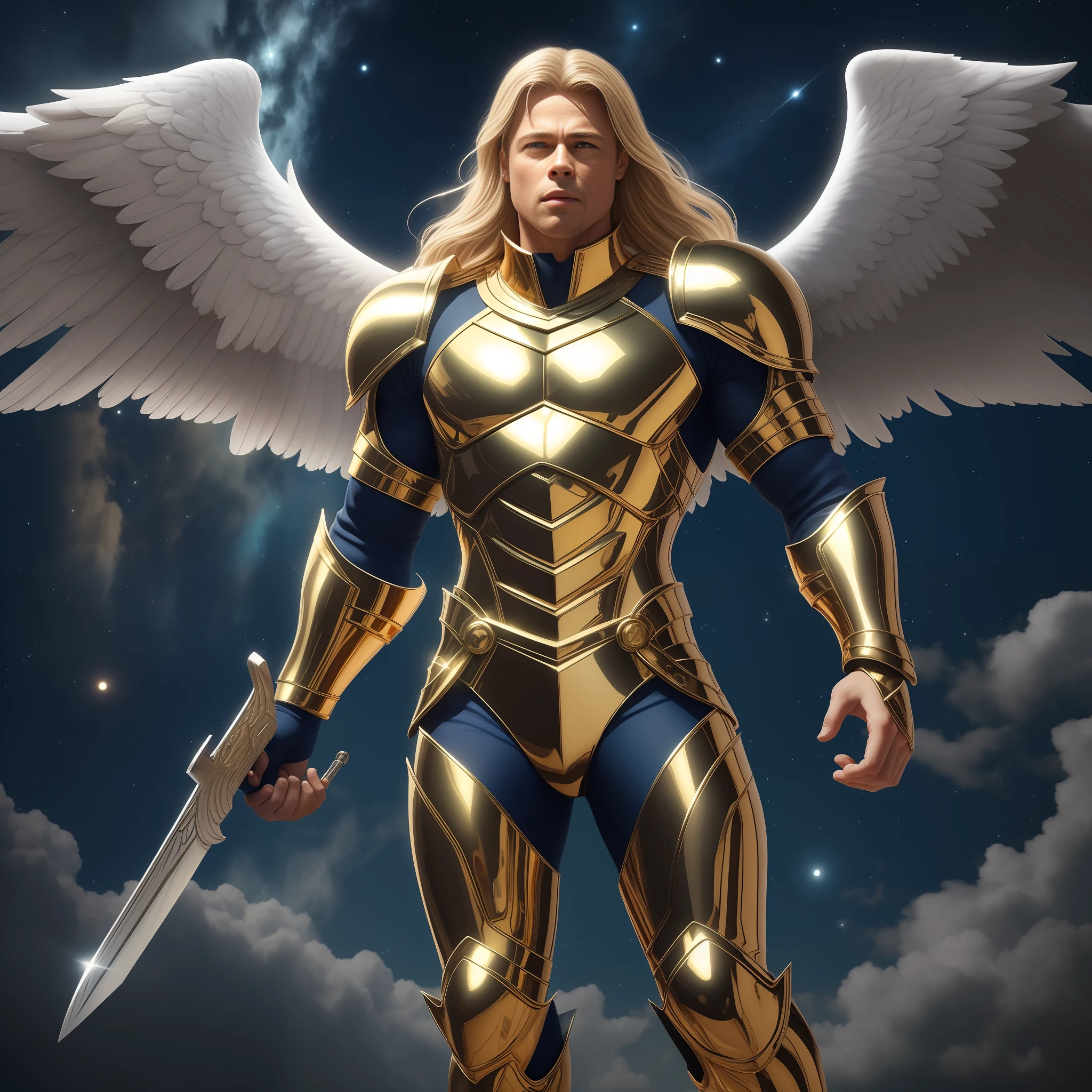 Michael Archangel fighting the demon. brad pitt face (1.2). alone. full body. Gold and silver armor. detailed beautiful face. facing camera. Dark atmosphere. big white wings (1.2). Extremd long blond hair (1.2). almond blue eyes. night sky. 8k, HDR, ultra realistic, realistic skin, masterpiece, best quality, high quality, photo realistic, ray tracing.