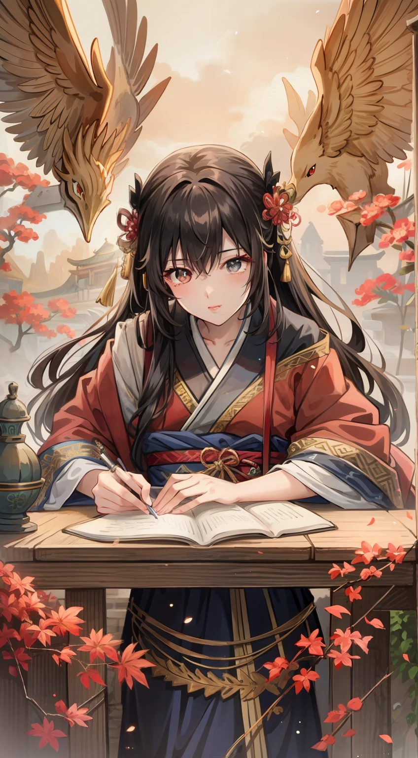 arafed image of a woman in a kimono dress writing a book, royal palace ,Show yourself generously, A girl in Hanfu, Beautiful character painting, chinese fantasy, anime fantasy illustration, by Yang J, a beautiful artwork illustration, fantasy art style, Detailed digital anime art, beautiful digital artworks, Anime fantasy artwork, fantasy artist, anime art wallpaper 4k, Anime art wallpaper 4 K