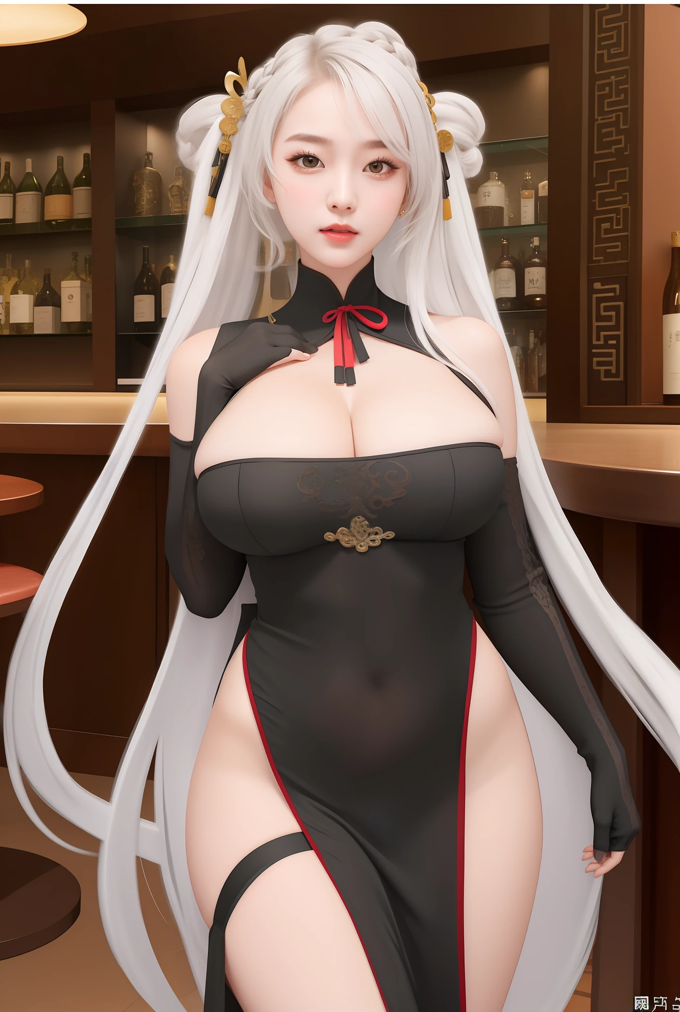 An Idol k-pop girl, (cute face, lewd face), braid hair, intricate face details, detailed face, golden ratio face, ((big breasts:1)), ((slim waist, big butt, big hip, big thighs)), ((intricate hands)), ((intricate feets)), full body, 64K, UHD, HDR, global illumination, (high quality, high detailed, hyper detailed, extremely detailed), photo realistic, ultra realistic, art photo, (clarify the details, detailed parts body), intricate artwork masterpiece, trending on artstation, tight clothes, (drunk face), ancient Chinese dress, bar background