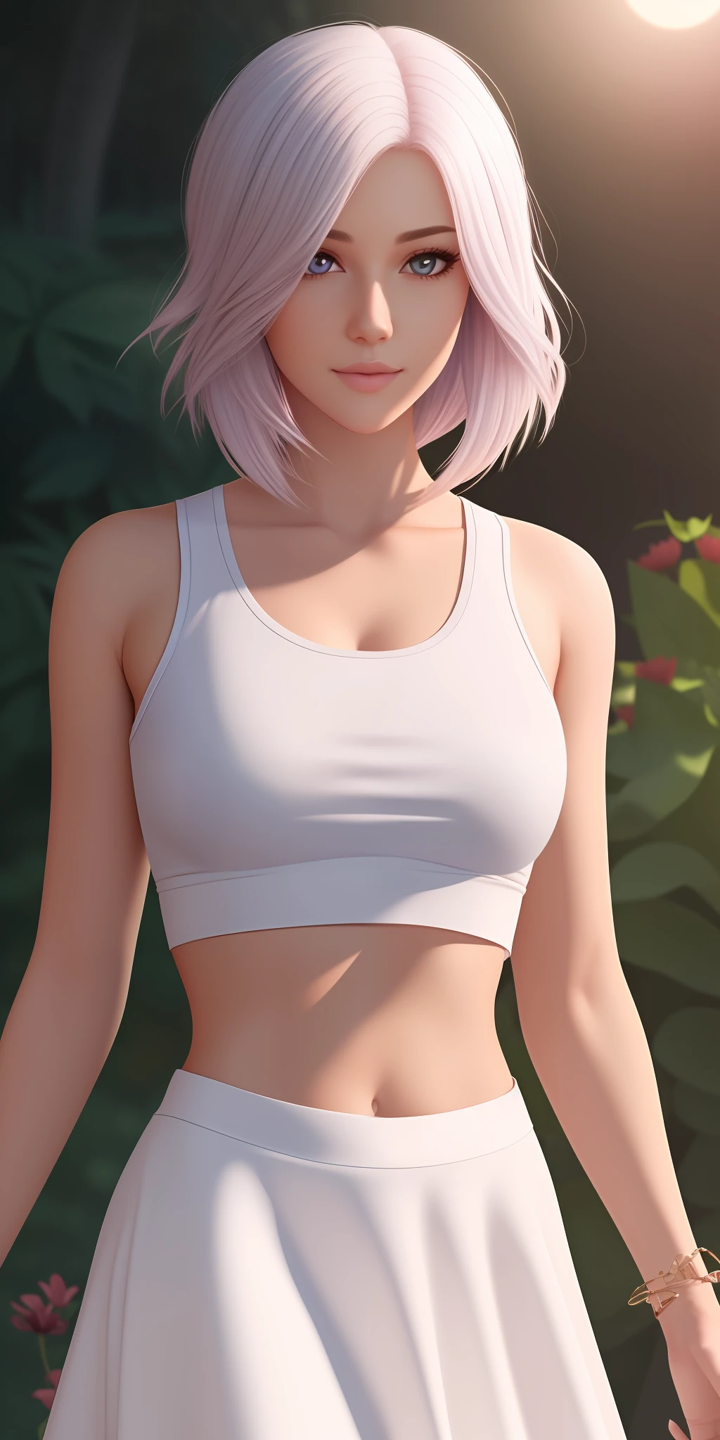 realistic, 1girl, white hair, purple eyes, glowing eyes, crop top, skirt, parted lips, blush, night, flowers, sun, sunlight, --auto