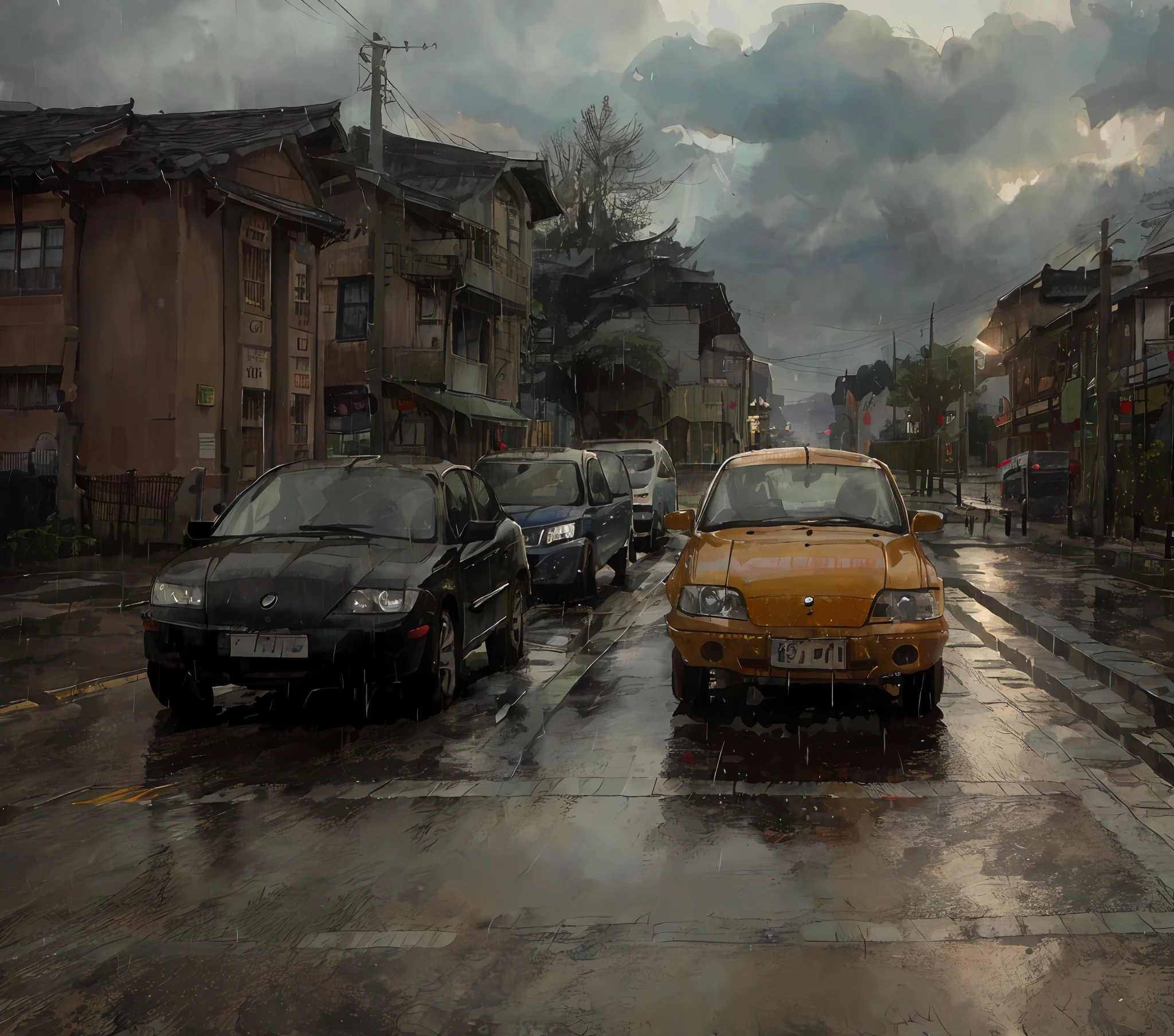 cars are parked on the street in the rain on a rainy day, in the rain in the early evening, 2 4 mm ISO 8 0 0 cor, noite chuvosa, Foto tirada com Sony A7R, carros na estrada, ruas molhadas, Rua chuvosa, fotografia de carro, fotografia automotiva, just after rain, taken with sony a7r camera