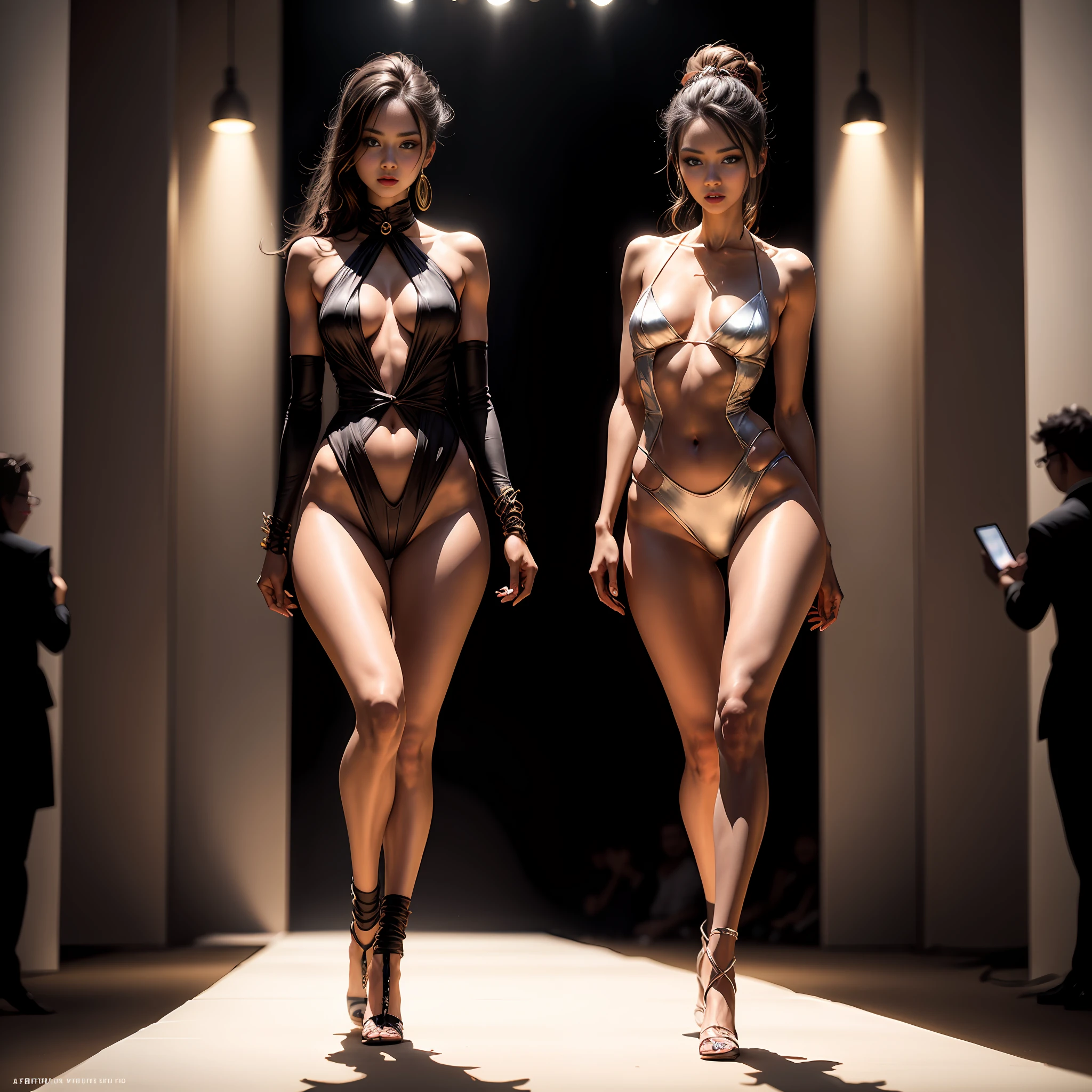 master-piece,A fashion show,A beautiful female model walks the catwalk,walking towards viewer,Expression sexy seduction,Superstar,Wear sexy fashion,The perfect art of costume design,Great stage art,Dramatic expressions,Ceramic-white skin,Stand in a luxurious interior,Full-body standing,facial detailing,Detailed body part details,8k壁紙,Supermodel,Light and shadow follow,Realistic cinematic lighting,Perfect dramatic composition,Great fashion art