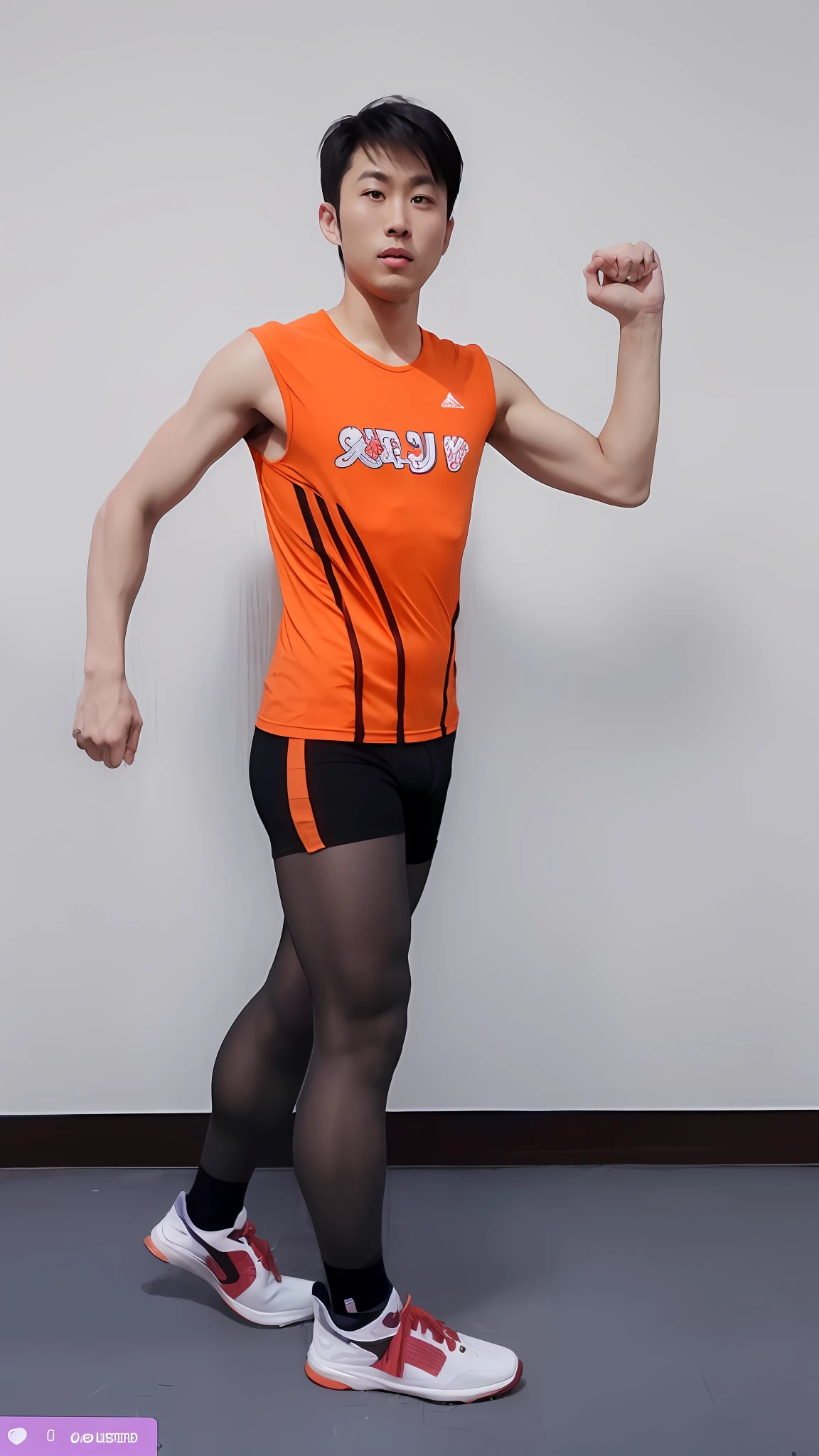 Man in orange shirt and orange shorts and pantyhose poses for photo, Wear athletics uniform and pantyhose, Highresolution,Realstic, photos, Wearing pantyhose, Wear tank top and shorts and pantyhose, professional sports style, sport clothing, Sporty physique, Athletic muscular legs,Asian handsome man(Emphasizes the luster and sheer of pantyhose)