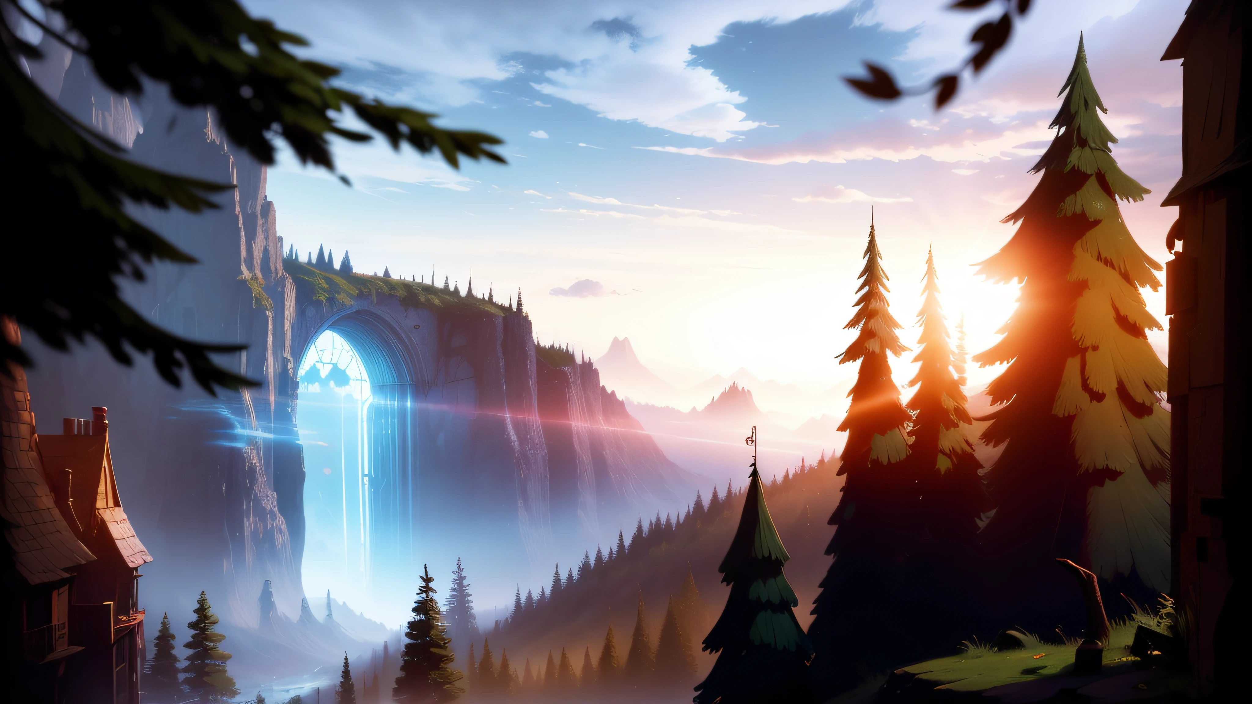 gravity falls, background, mistery, fantasy, cinematographic light, neon --auto