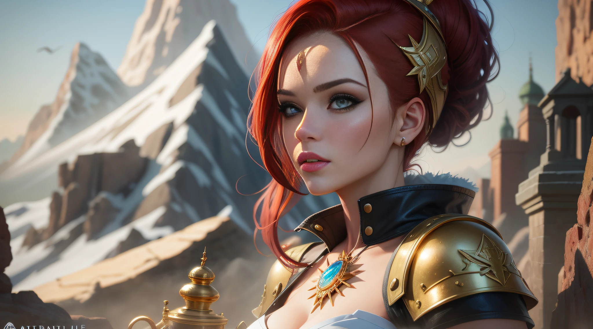 arafed woman with red hair and a gold headpiece in front of a mountain, WLOP et Artgerm, Artgerm Julie Bell Beeple, ig model | Artgerm, Extremely detailed artgerm, WLOP | Artgerm, Artgerm et WLOP, artgerm detailed, Aly Fell et Artgerm