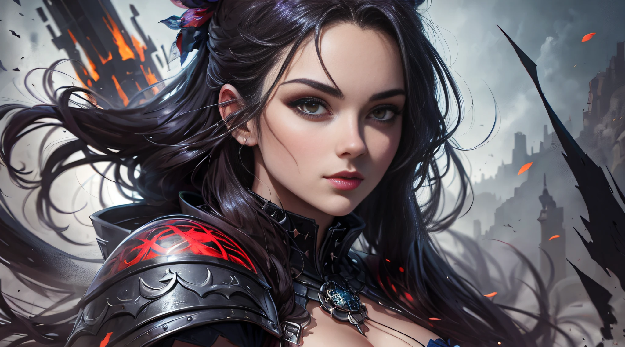 arafed woman with a sword and armor in a fantasy setting, RossDrawsPortrait, RossDraws1. 0, RossDraws, 2. 0, Alena Aenami et Artgerm, rossdraws digital painting, WLOP Ross Drawings, Portrait de concept art fantastique, par Yang J, Artgerm et RossDrawsDraws, RossDraws, 2. 5, :: Rossdraw