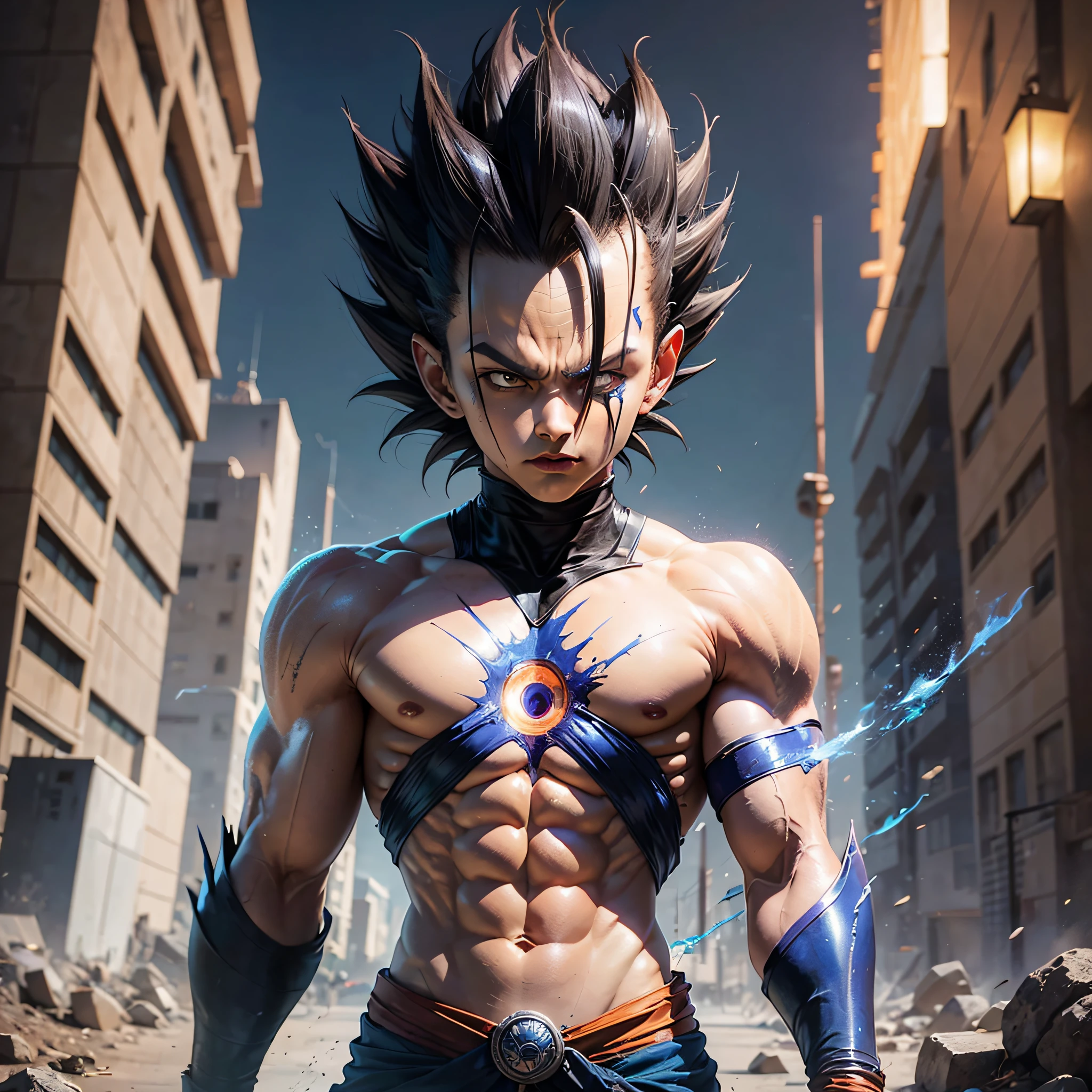 Vegeta, the 5, 20 year old super sayagin with fair skin is a true masterpiece of male beauty, anatomically perfect from the modern man standing tall in an abandoned haunted city. Moonlight accentuates your muscles and scars. The landscape is lush and mysterious, with the dark city. Surroundings. The camera details everything. When looking at beautiful eyes, having sexy eyes will attract the opposite His eyes are on the viewer, you can clearly see every little detail and every perfect line, every beautiful skin detail in 8K quality, everyone is captivated by the confidence that exudes from every glance. His head has white hair and his face is painted with meticulous detail using 8K quality images. Is a character in the series Dragon Ball Seven. gliulian art style, highly detailed official artwork, jin shan, official art --auto