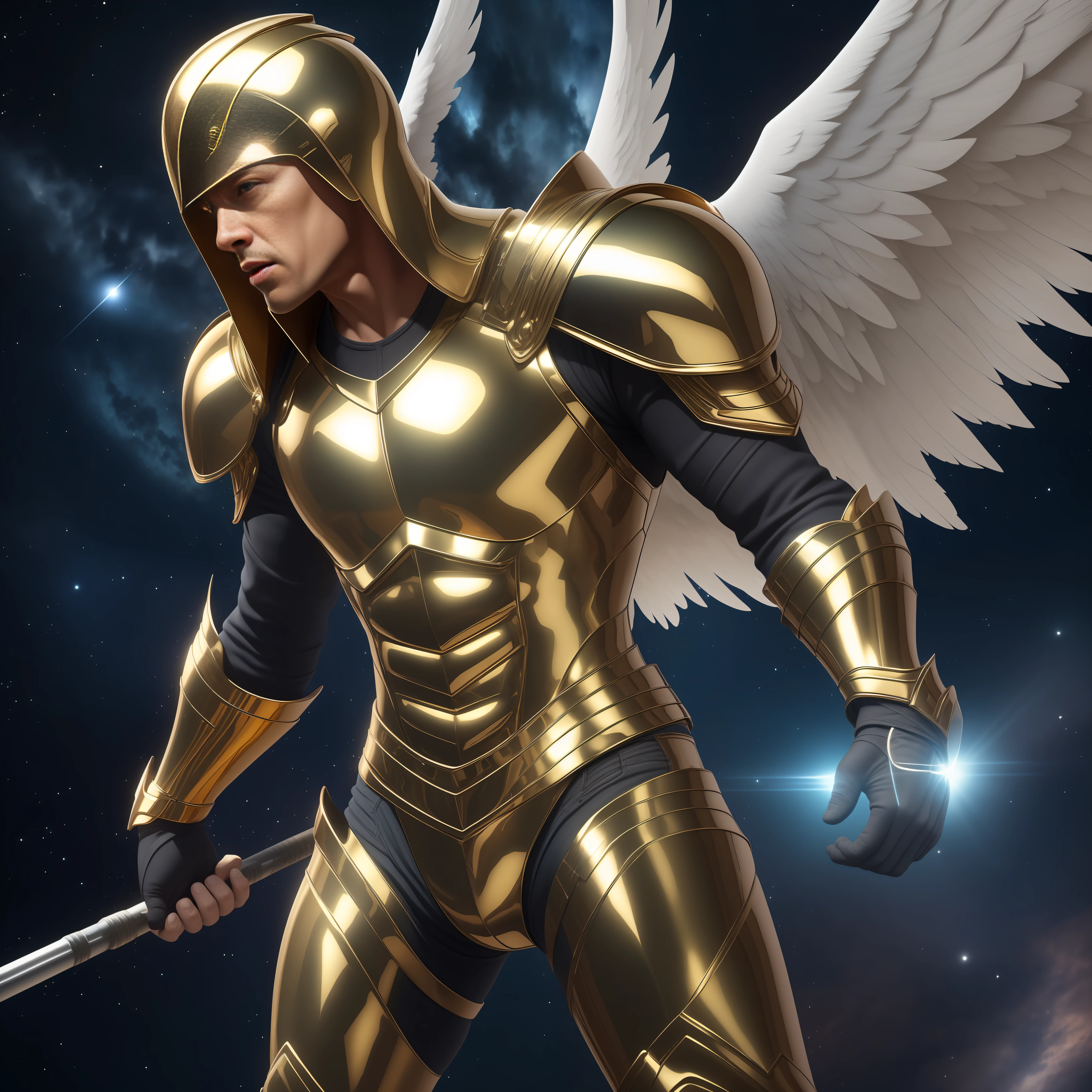 Michael Archangel fighting the demon. brad pitt face (1.2). alone. full body. Gold and silver armor. detailed beautiful face. facing camera. Dark atmosphere. big white wings (1.2). Extremd long blond hair (1.2). almond blue eyes. night sky. 8k, HDR, ultra realistic, realistic skin, masterpiece, best quality, high quality, photo realistic, ray tracing.