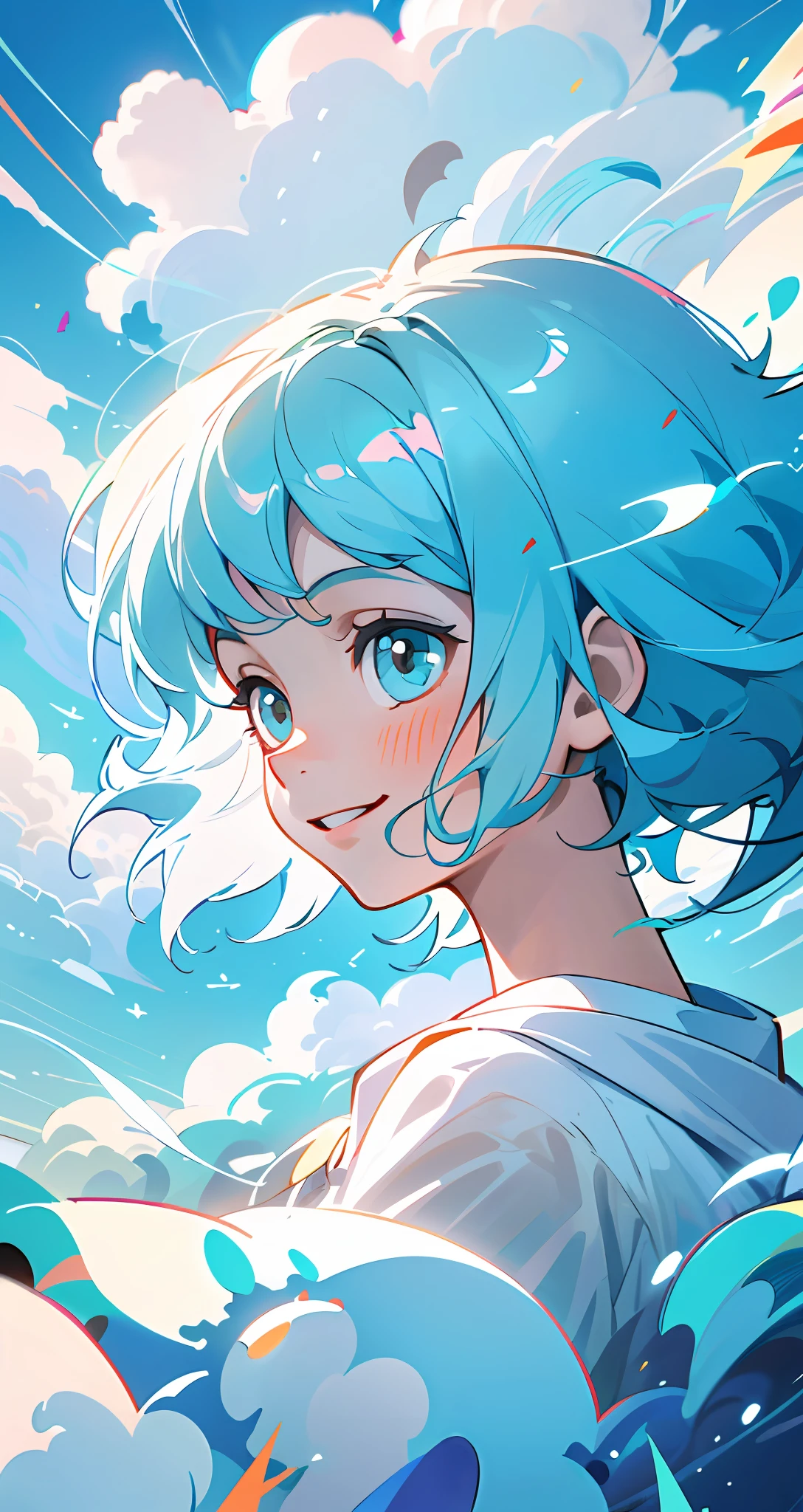 masterpiece, best quality, movie still, 1girl, floating in the sky, cloud girl, cloud, (close-up:1.1), bright, happy, fun, soft lighting, (Bauhaus, shapes, lines, abstract:1.1)