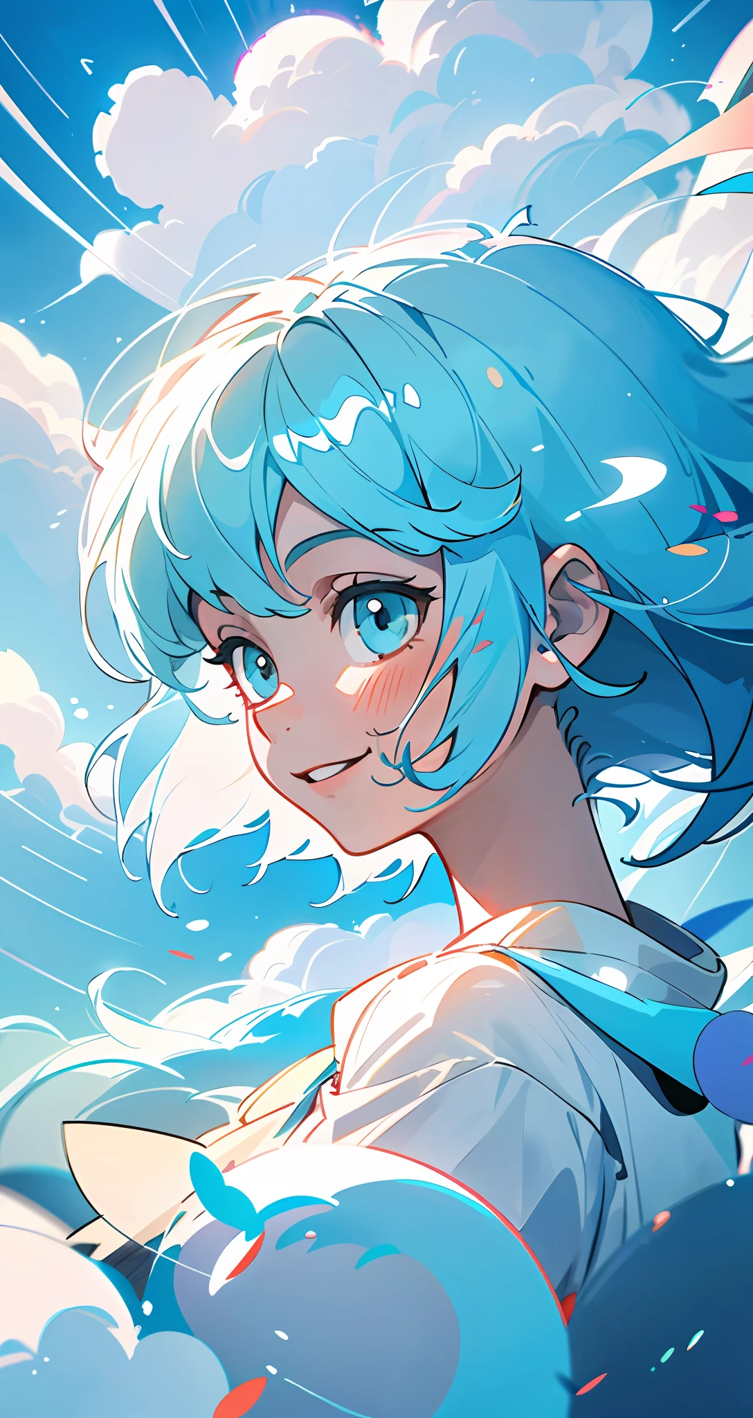masterpiece, best quality, movie still, 1girl, floating in the sky, cloud girl, cloud, (close-up:1.1), bright, happy, fun, soft lighting, (Bauhaus, shapes, lines, abstract:1.1)
