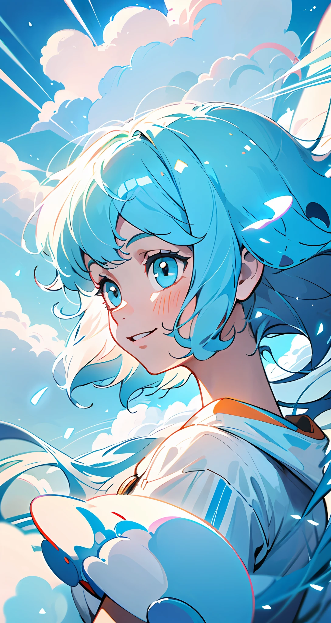 masterpiece, best quality, movie still, 1girl, floating in the sky, cloud girl, cloud, (close-up:1.1), bright, happy, fun, soft lighting, (Bauhaus, shapes, lines, abstract:1.1)