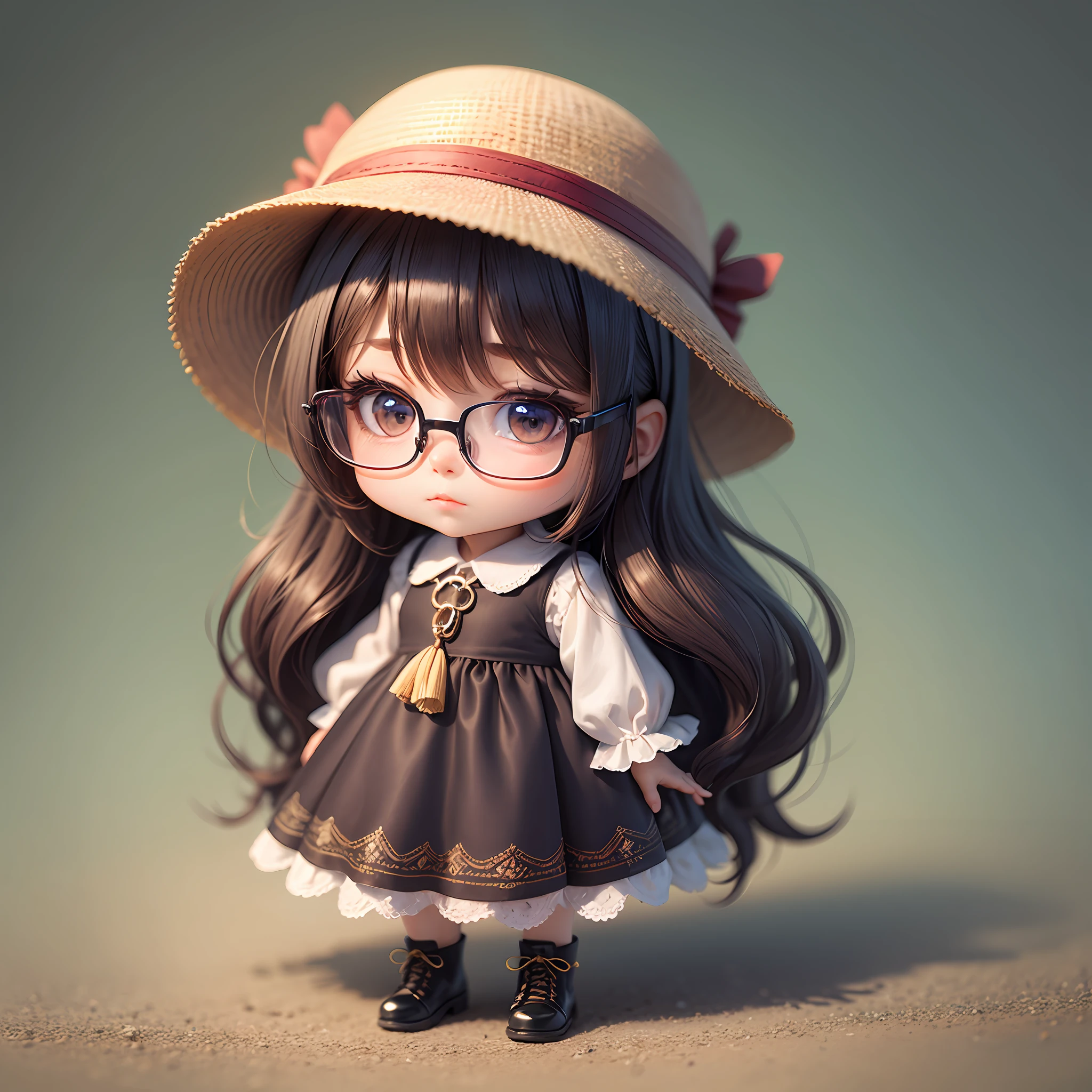 Chibi girl with gorgeous with glasses dress, bolsa, long hat hair, 4k --auto --s2