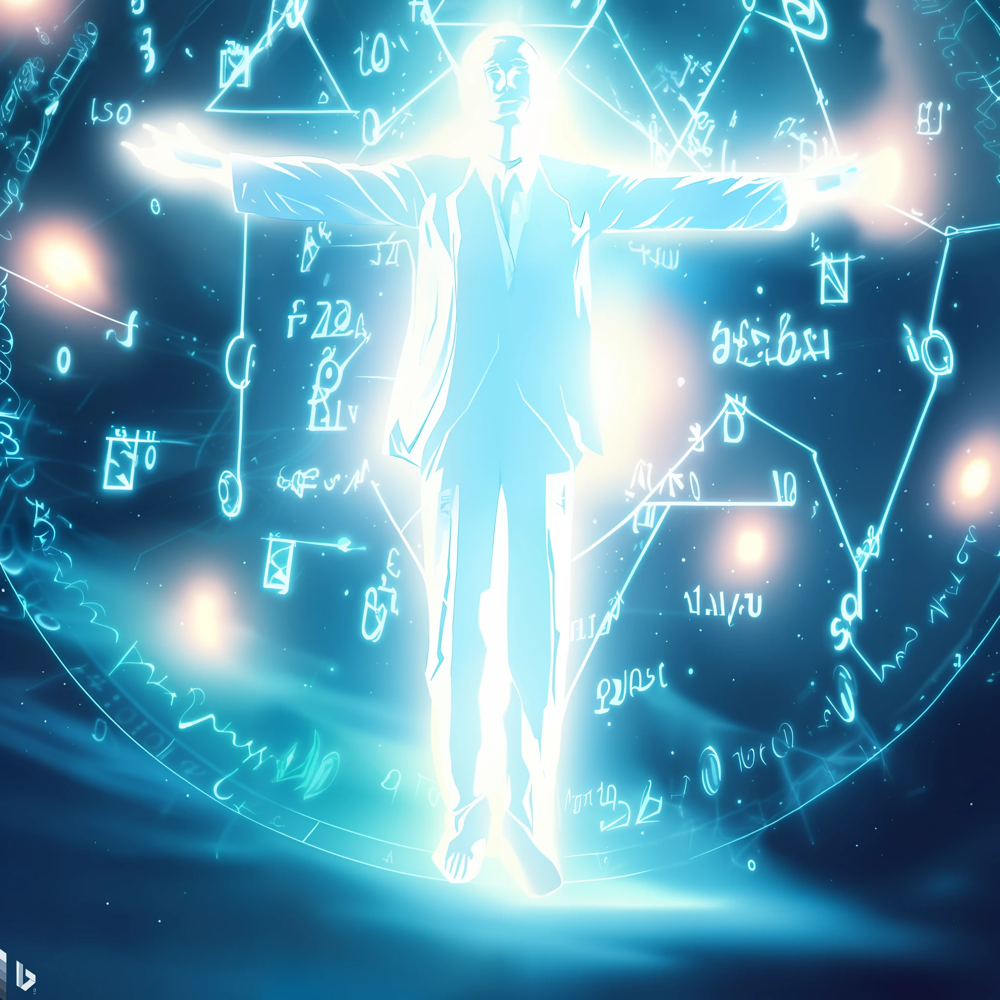 arafed image of a man in a suit standing in front of a clock, in the astral plane ) ) ), esoteric equation heaven, astral travel, astral appearance, transparent holographic being, the encrypted metaverse, quality astral projection render, deeper into the metaverse we go, digital art, holography space, digital art, geometry and astrology