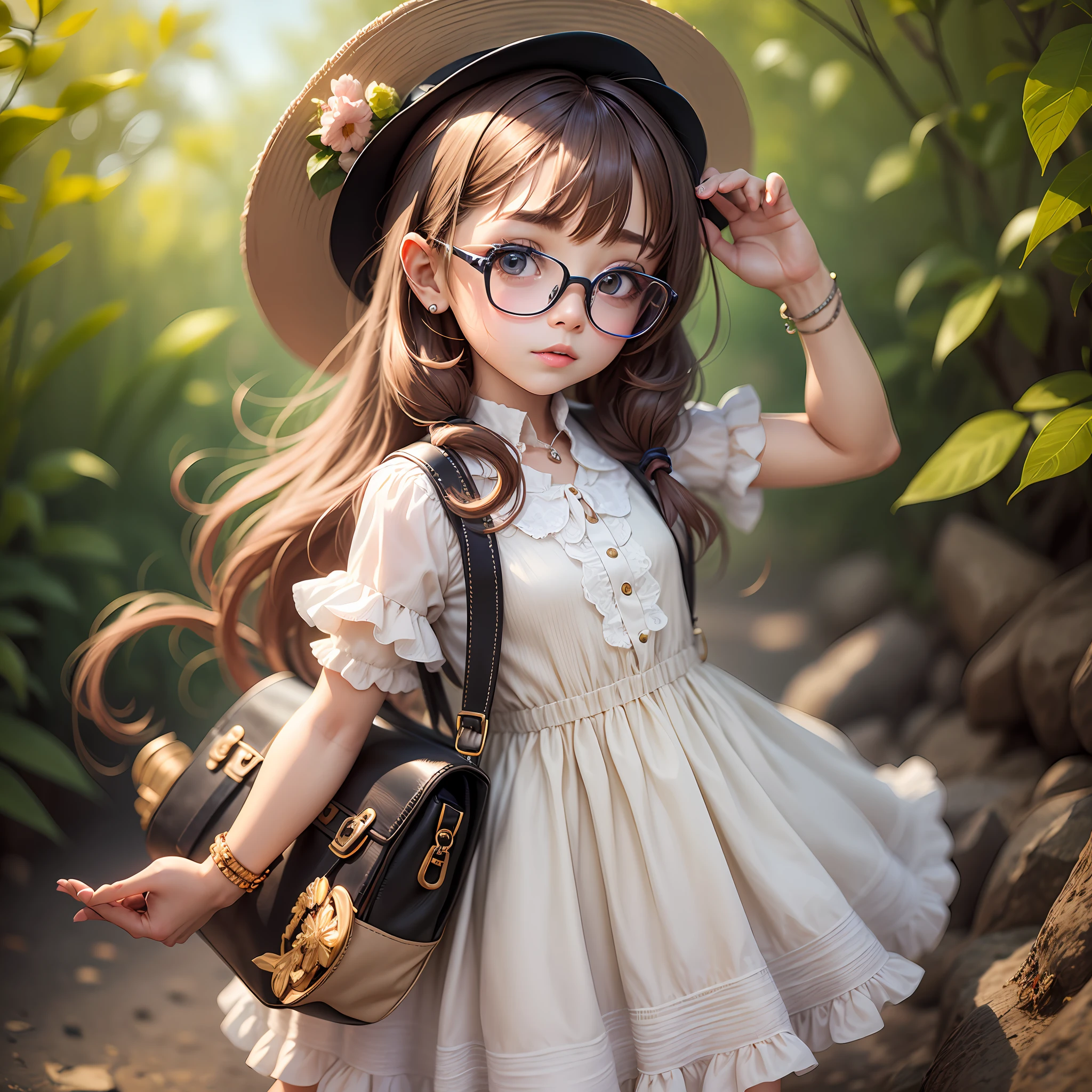 Chibi girl with gorgeous with glasses dress, bolsa, long hat hair, 4k --auto --s2