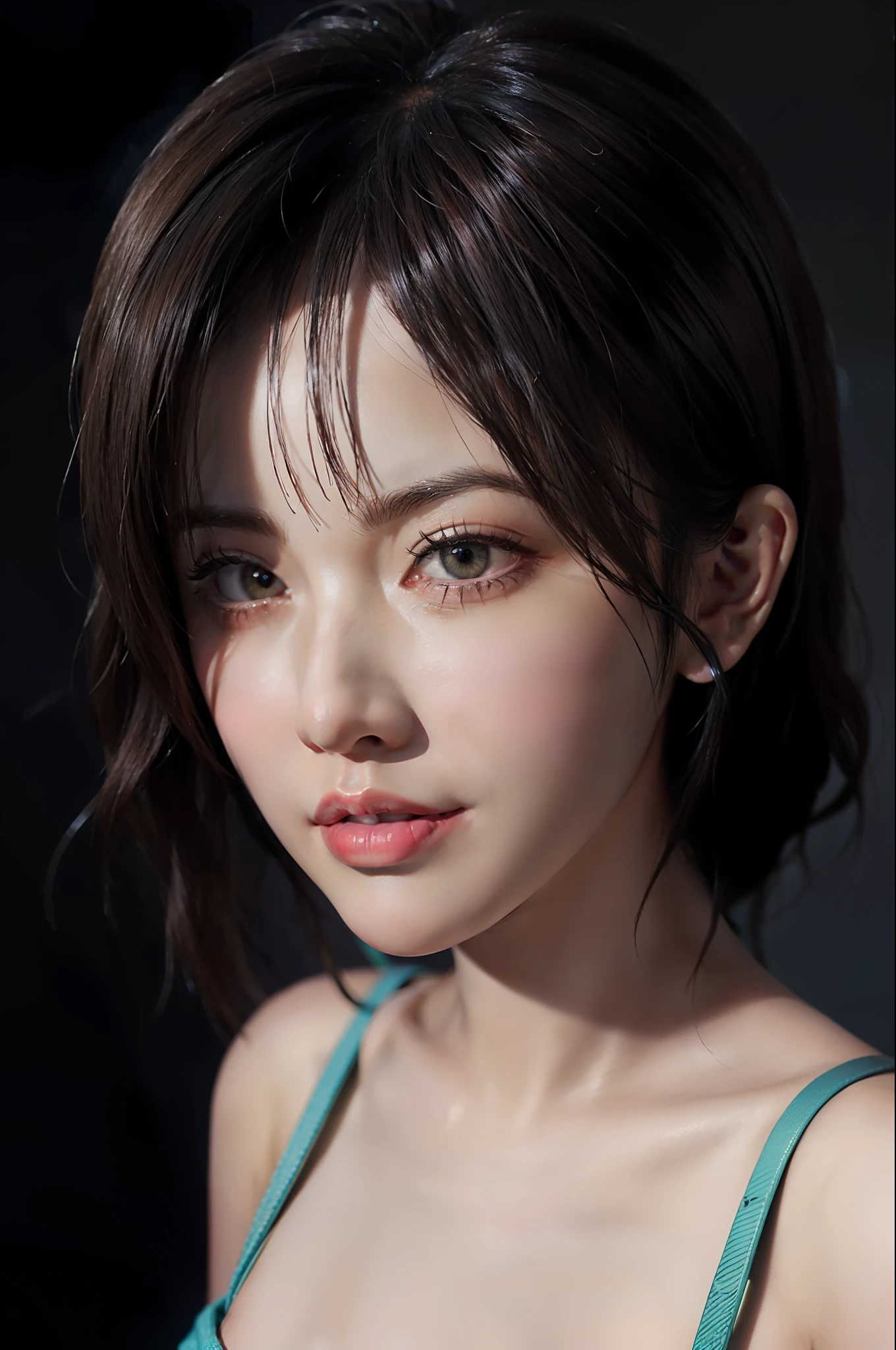 Surrealist portraits of women by David Hockney and Alphonse Mucha,fantasy art,photographrealistic,Dynamic lighting,artstation,poster,volume illumination,Very detailed faces,4 k,prizewinning,,1girl,In the darkness,Deep shadows,low-key,short cut hair, large eyes,Double eyelid,Pink hair,stunningly beautiful,dynamicpose,Delicate face,vibrant eyes,Highly detailed skin,Realistic skin details,Visible pores,Clear focus,Volumetric fog,8k uhd,digital DSLR camera,high quailty,