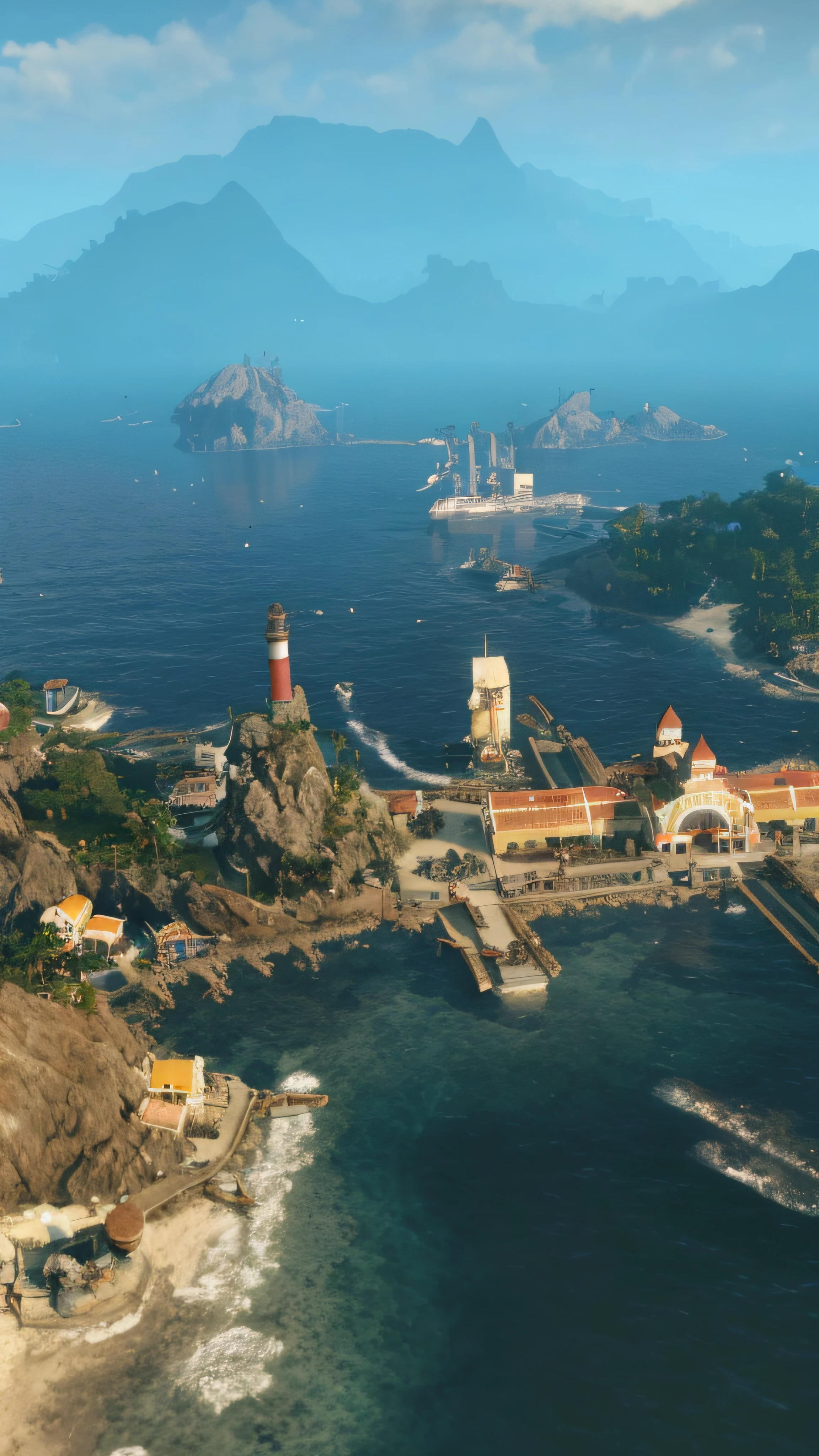 There is a large body of water,There is a radar station on it, stunning screenshot, anno 2070, screenshot from game, beautiful screenshot, harbor, pc screenshot, steam workshop maps, tropical coastal city, scenic full shot, 2020 video game screenshot, high quality screenshot, screenshot from game, beautiful environment, anno 1404