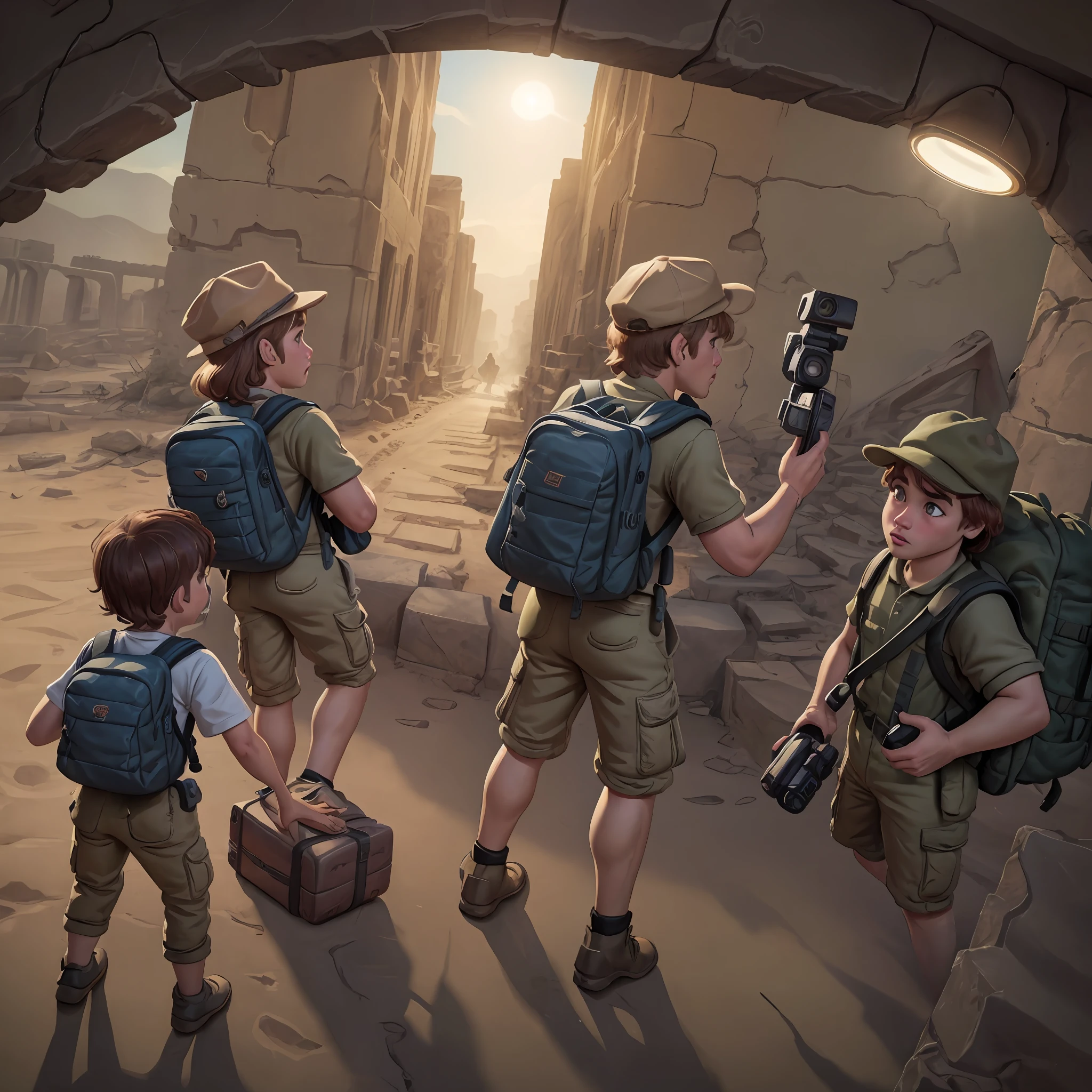 2girls 2boys adventuring in ancient desert ruins, khaki clothes hats and backpacks cargo action camera dutch angle (masterpiece:1.2) (illustration:1.2) (best quality:1.2) (detailed) (intricate) (8k) (cinematic lighting) (sharp focus)