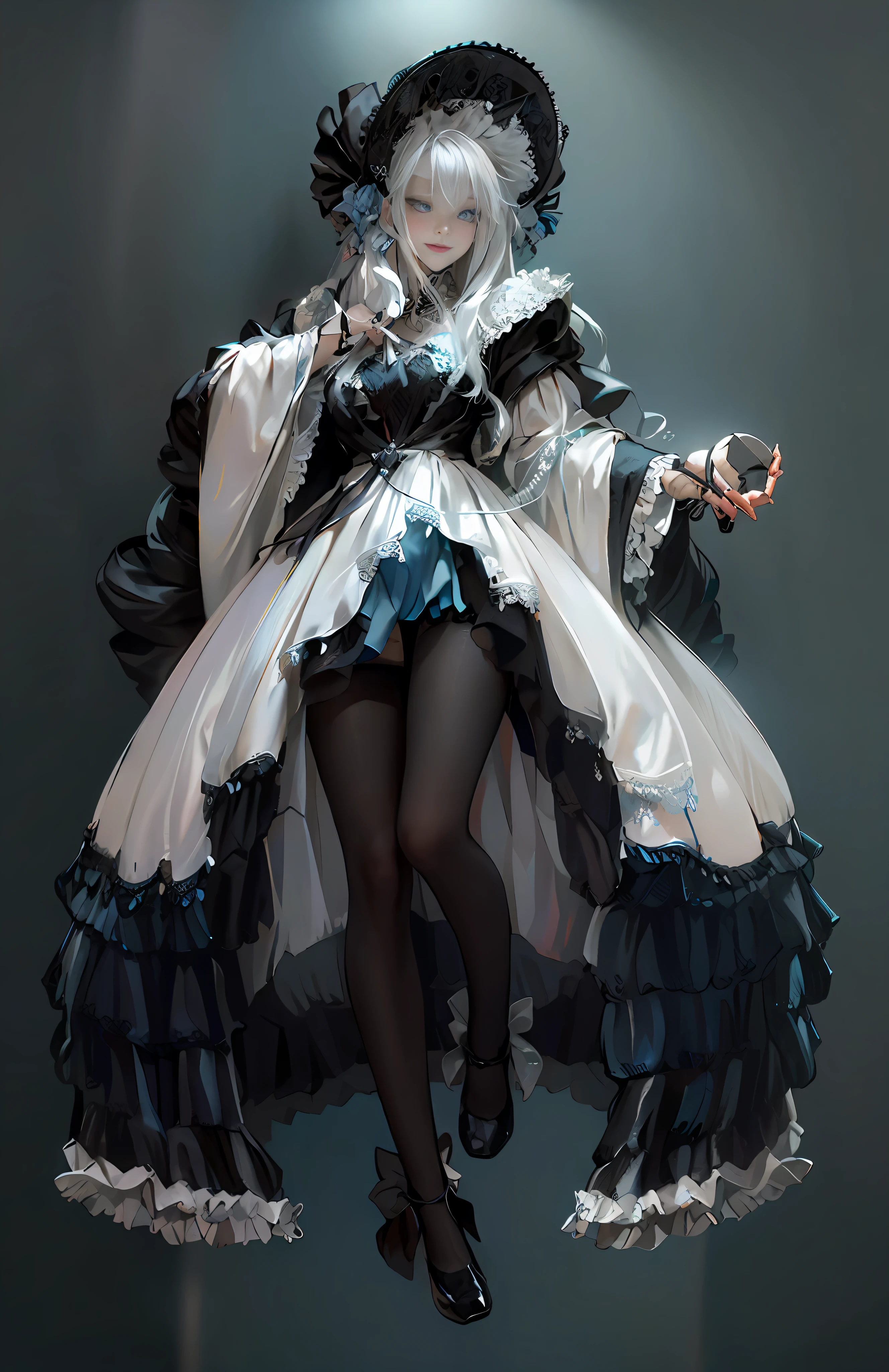 Royal sister,black silk stocking,smiled,Black gothic dress,Silvery-white hair,Blue eyes,