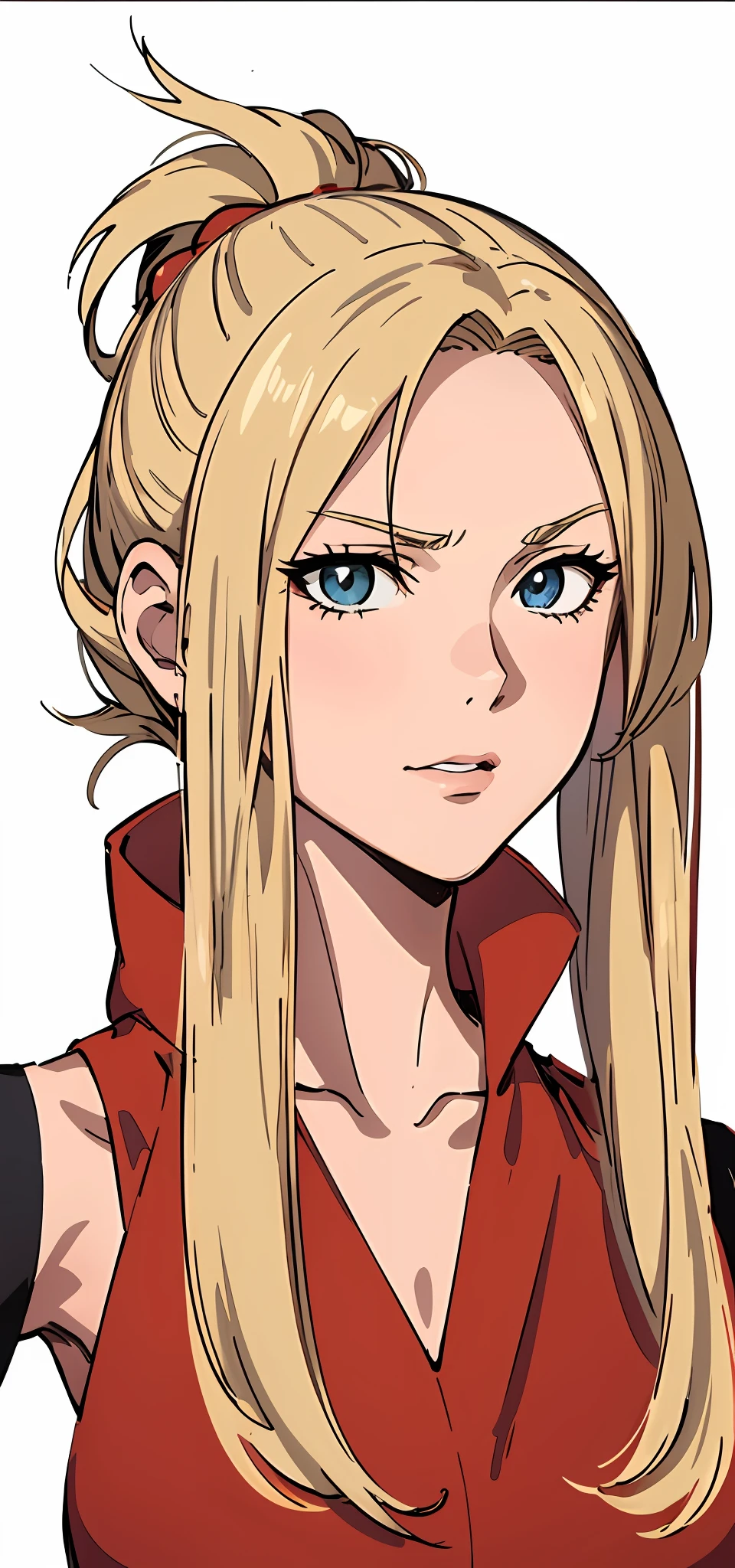 (Anime) . Anime fille aux cheveux blonds et aux yeux bleus en chemise rouge, Edelgard Fire Emblem, Edelgard de Fire Emblem, portrait of a female anime hero, female anime character, Ann Takamaki de Persona 5, anime character, Hannah Yata, Portrait de Ninja Slayer, Profil de la femme anime, anime character portrait, official artwork, Haruno Sakura, Valentina Shuffle . (Masterpiece : 1,8), 64k quality, final fantasy artwork concept, detailed manga eyes, detailed hair, detailed clothes, detailed body, cleaner designs, detailed face pronounced, shiny objects like jewels, see creases on clothes, more coherent clothing, more rounded eyes transparent liquid globular, more colors, more coherent clothing , correct the features of the clothes, better eyes contour, better shoulders, really colorful, coarser line, black line, finishing . (coarser line) (black line) (homogeneous rendering: 1.3)