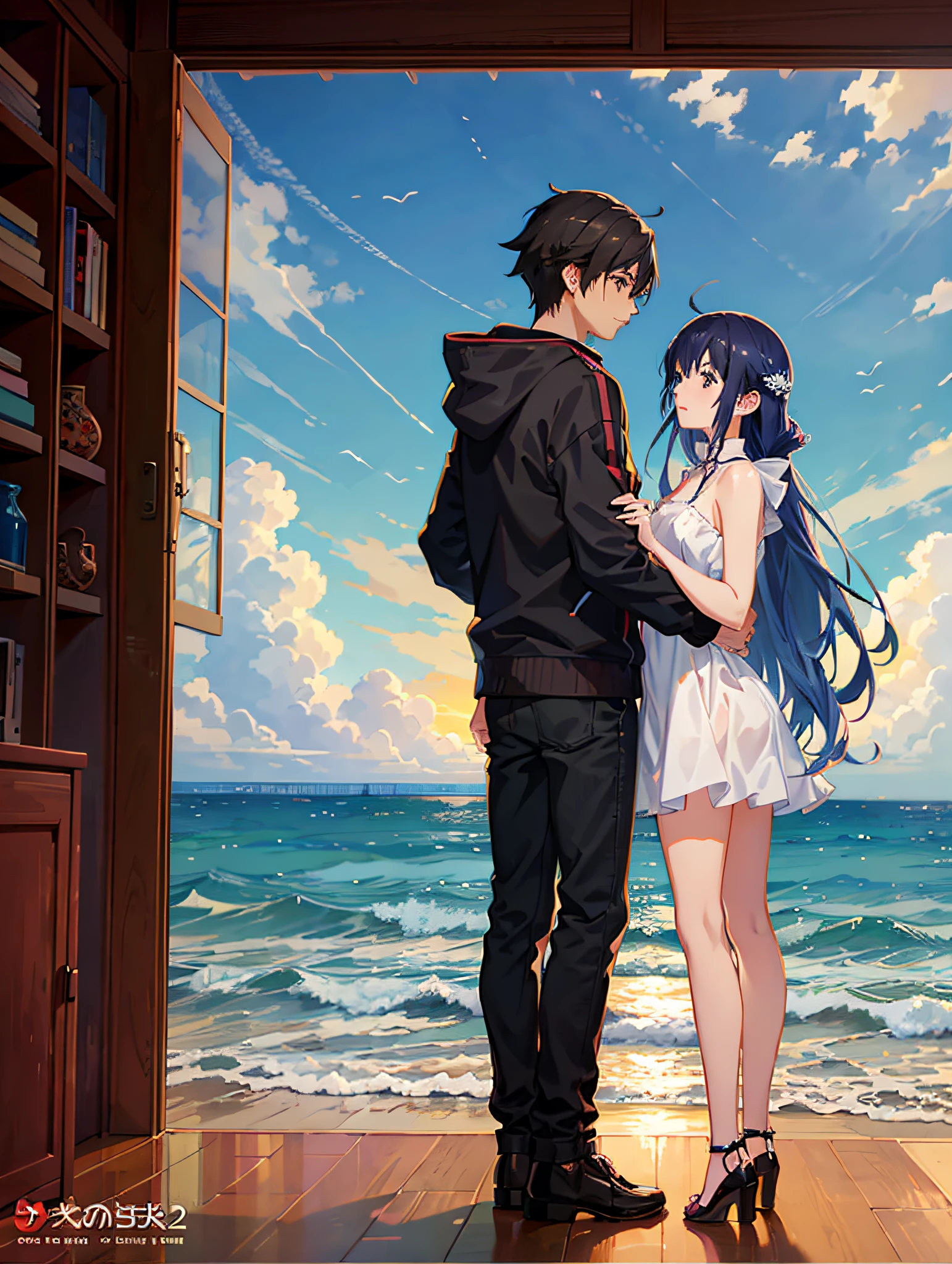 A couple walking on the beach at sunset,Realistic anime 3 D style, beautiful anime high school girl, realistic anime artstyle, anime realism style,hyperrealistic schoolgirl --auto