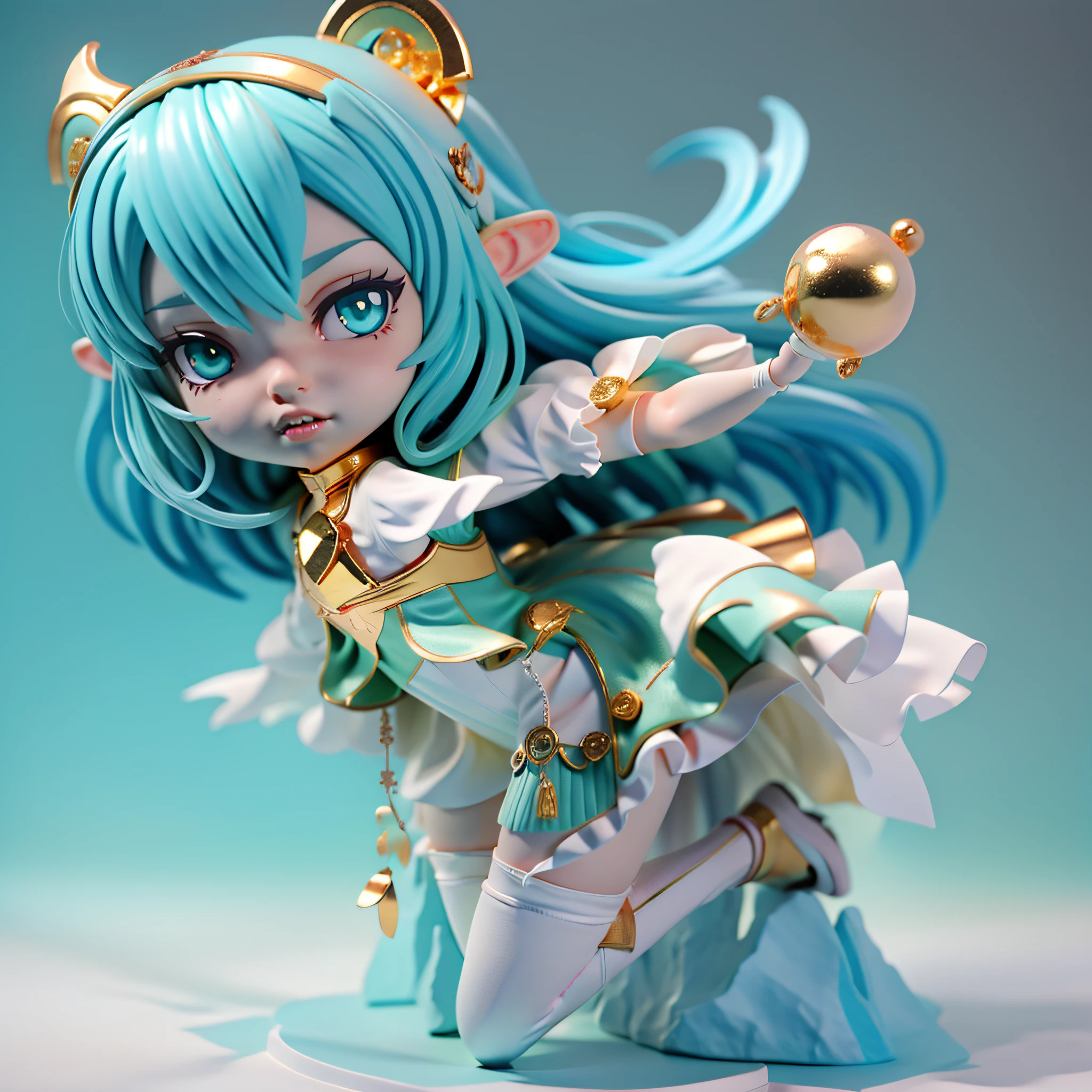 Girl Anime Figure, 3d Rendering by Hitoshi Homura, Trending with Polycount, Conceptual Art, Anime Style 3D, Stylized Anime, Cute 3D Anime Girl Rendering, Anime Girl Running, Anime Moe Art Style, Style as Nendoroid, Cute 3D Rendering, Anime Stylization, Green Hair Anime Girl, Anime Girl Running, Young Anime Girl, Chibi Anime Girl, Cute!! Chibi!!!, anime girl, witch, girl in uniform, chibi girl, cute anime girl, anime chibi, cute anime girl portrait, anime girl, cute witch, anime girl with medium long hair, green hair female anime character, little devilish eyes, little devil tsundere, posing in white dress, chibi, Chibi cute, chibi, mini size, pretty girl, 2nd class, 3rd life, wizard girl, silver bracelet, silver accessories, silver ring, magic wand, gold wand, little tsundere, mouth looking a little angry, eyes looking a little angry, mouth slightly pursed, full body figure, full body, chibi figure, minifigure, turquoise cane, turquoise wand, magic wand, magical girl, mini size, mini