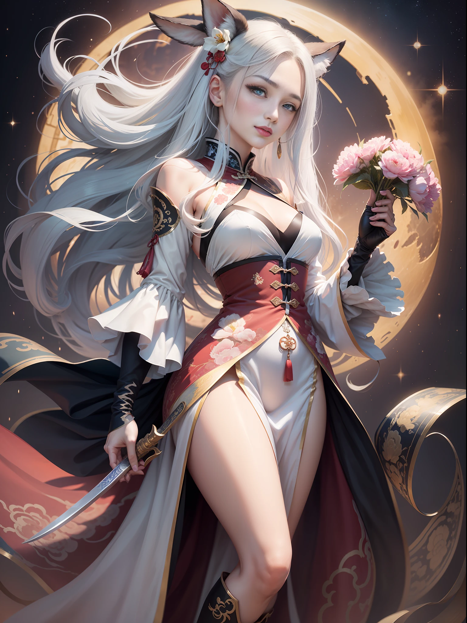 masterwork, supreme, night, half-moon, 1 woman, Ride on the moon、Chinese style, Ancient China , Sorrisos, Woman with long silver white hair, pale pink lips, calm, Know, 3 belts, Red Hitomi, assassin, a dagger, Night sky background, Walking Street Masterpiece, needle, night, full moon, 1 woman, Chinese style, Ancient China,, royal sister、a Pretty、emotionless、Woman with long light blue hair、pale pink lips、calm、Know、3 belts、Red pupil、assassin、a dagger、Flower ball background、Street View、Blue Rabbit Woman、Hanfu、Rabbit ears、Fox tail、stardust、boots、stars