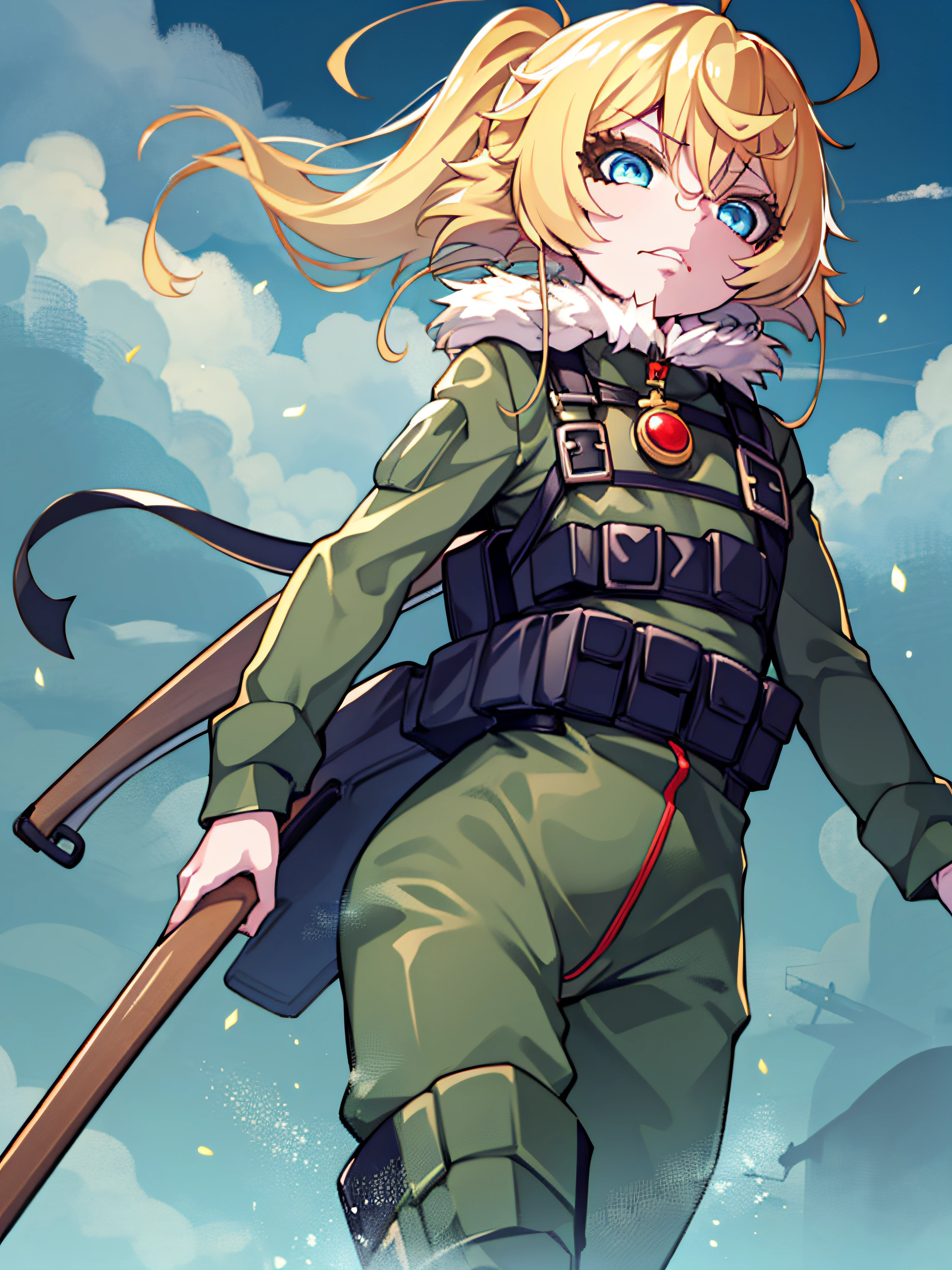 , (in 8K, maximum quality, masterwork:1.4), (High Accuracy), 1girls,  Senki,Tanya Degurechaff,tanya theevil,military outfit,a blond,Blue Eye,Ahoge,long boots,,200m above,fly in the blue sky,Upper bust,point of view,Face,Flight suit,Prone,Bolt-Action Rifles,armor,Jacket trimmed with fur,rage,rage,Um corpo inteiro,battle field