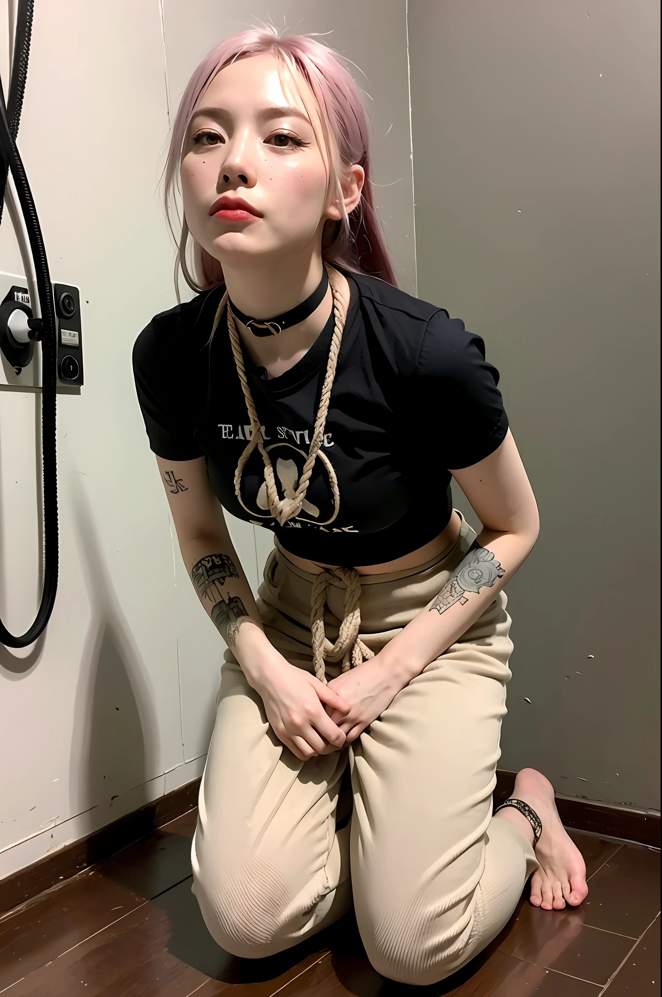 (8k:1.27), best quality, masterpiece, ultra highres:1.2), lesbian delinquent girl with dyed hair andnarm tattoos, tattooed girl, full body picture, dirty old white oversized knotted prisoner t-shirt, dirty big t-shirt, short big sleeves, beige prisoner pants tied with a rope, wearing dirty old goth clothes, long pink hair pulled back and messy bun, kneeling in a prison cell next to a noose, handcuffed, hands tied with rope behind body, submissive neck choker and checkered keffiyeh scarf in neck, 4k or 8k picture, looking at the floor down very sad, very sad face, praying, paisley bandana pirate style headscarf, smelly, barefoot, rope noose hanging from ceiling, tattooed body, noose rope hanging