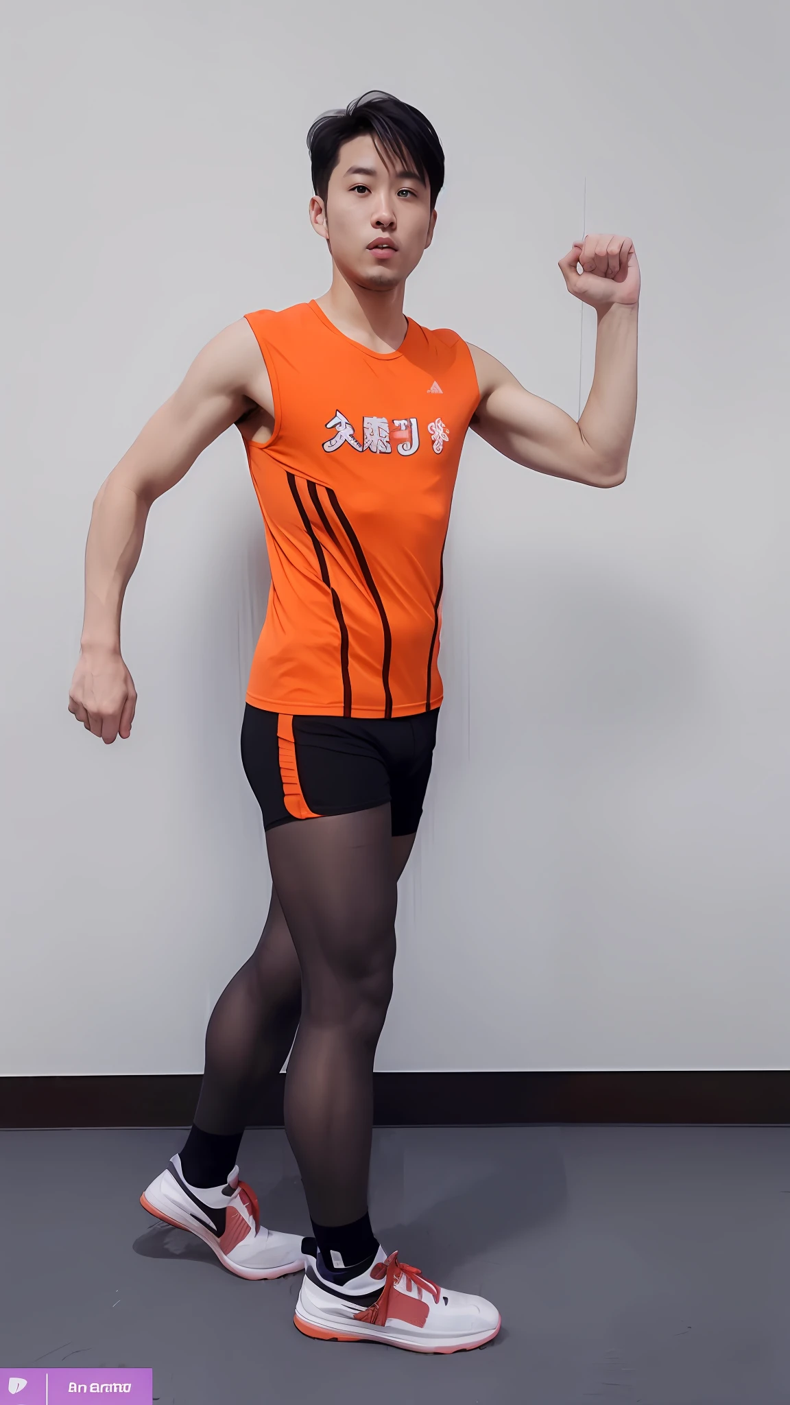 Man in orange shirt and orange shorts and pantyhose poses for photo, Wear athletics uniform and pantyhose, Highresolution,Realstic, photos, Wearing pantyhose, Wear tank top and shorts and pantyhose, professional sports style, sport clothing, Sporty physique, Athletic muscular legs,Japan Man(Emphasizes the luster and sheer of pantyhose)