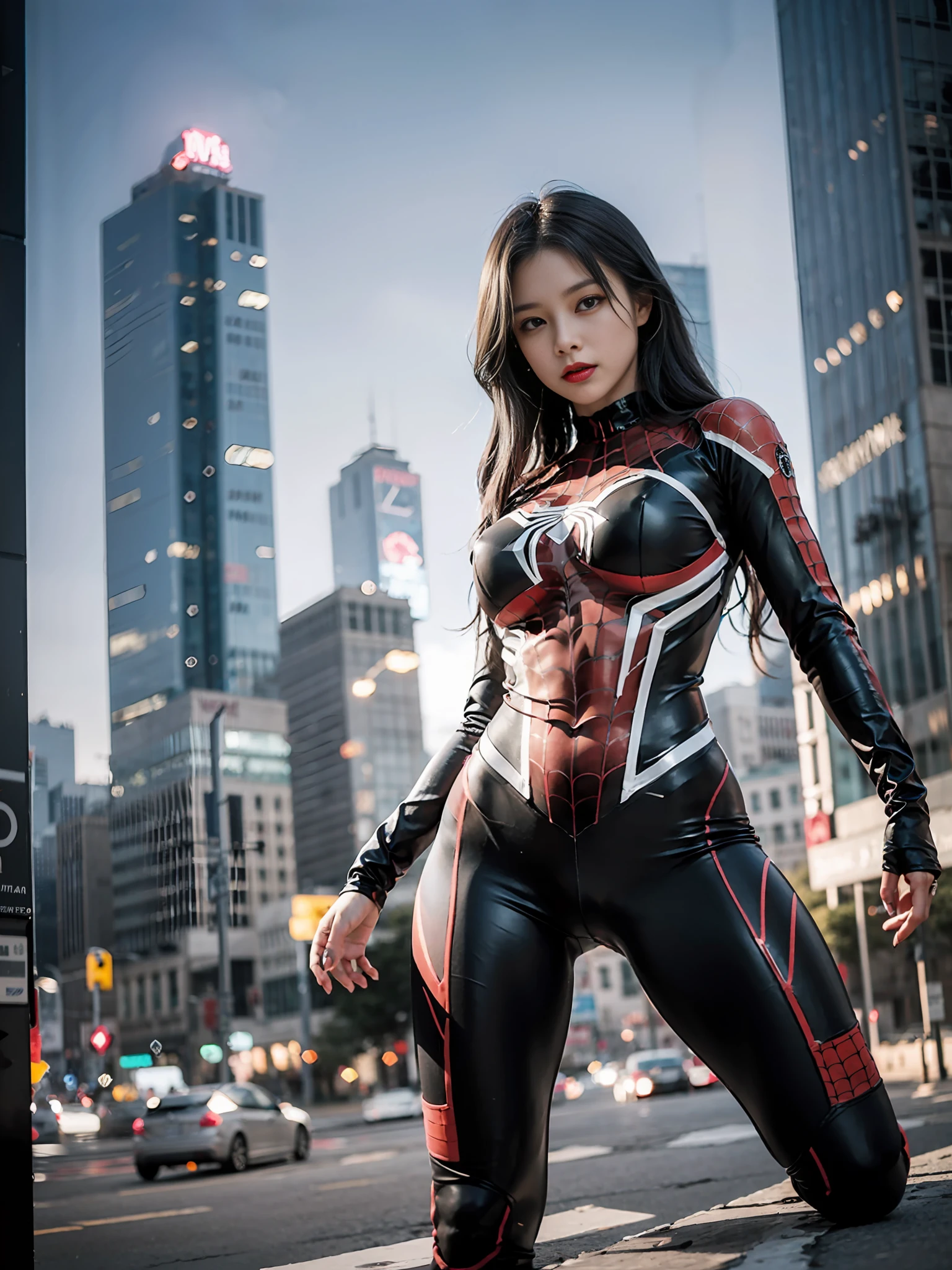 (1girl:1.3), solo, __body-parts__, official art, unified 8k wallpaper, super detailed, beautiful and aesthetic, beautiful, masterpiece, best quality, raw, masterpiece, super fine photo, best quality, super high resolution, photorealistic realism, sunlight, full body portrait, amazing beauty, dynamic pose, delicate face, vibrant eyes, (from the front), she is wearing a full body Spider-Man suit, red and black color scheme, spider, very detailed abandoned warehouse background , detailed face, detailed complex busy background, messy, gorgeous, milky, highly detailed skin, realistic skin details, visible pores, sharp focus, volumetric fog, 8k uhd, DSLR camera, high quality, film grain, fair skin, photo realism, lomography, huge metropolis in a future dystopia,
