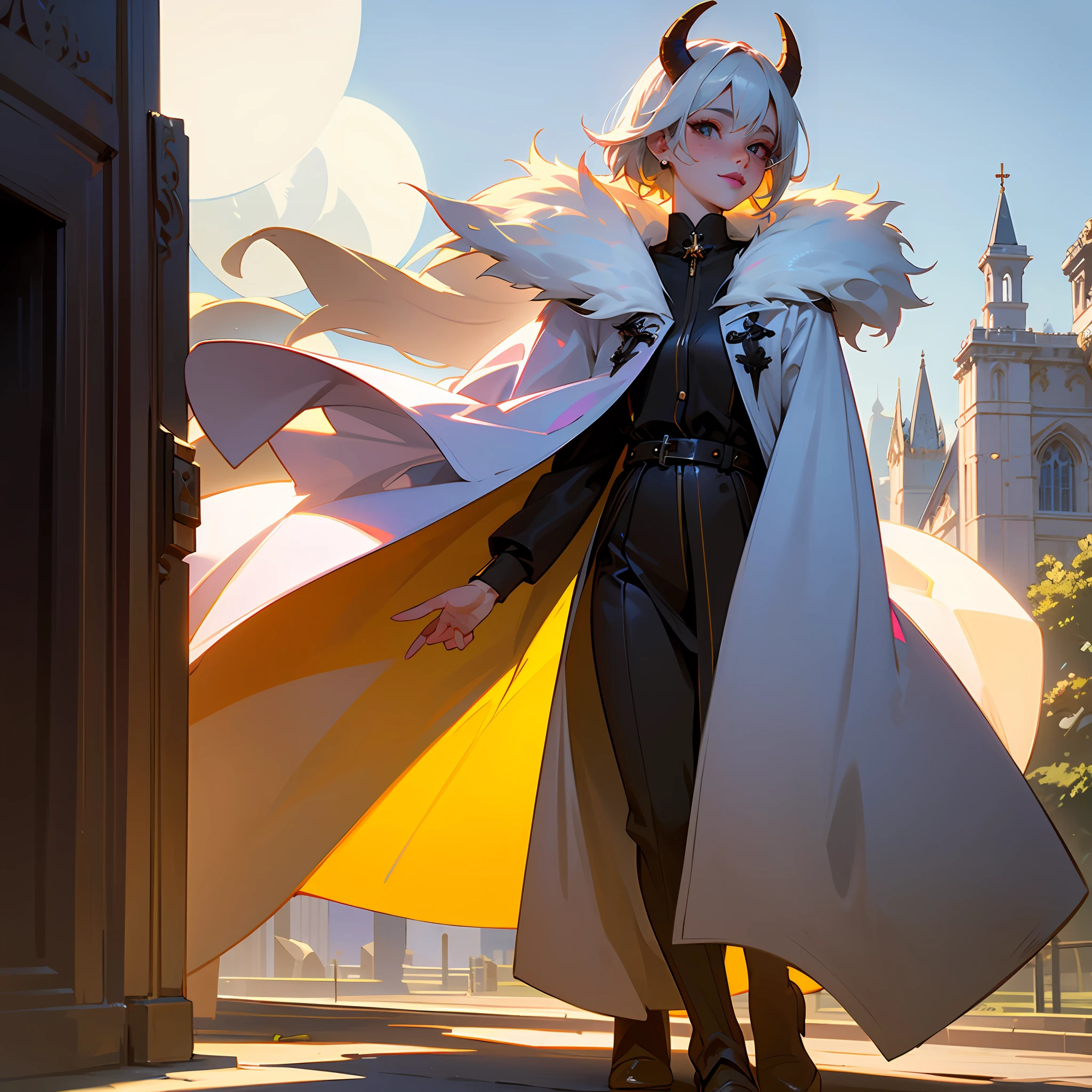 (Masterpiece, Absurd, High Quality, Best Quality, Ultra Detail, Beautiful), Perfect Eyes, Perfect Face, Perfect Lighting, Textured Skin, Beautiful Detail Face, (Detailed Face: 1.4), Beautiful Detail Eyes, Ambient Light, Realistic Shadows, Beautiful Detail Pupils, Cute, 1 Girl, Solo, One Focus, Beelzebub, Short Hair, White Hair, Demon Girl, Demon Tail, Freckles, Red Eyes, White Horns, Purple Lipstick, Lips, Blush, White Fur Coat, (white fur-trimmed coat: 1.3), outdoor, street, (evening: 1.2), car in background, headlights, church in background, lighting, moon, looking at the audience, walking, smiling, from the side, full body, rich, expensive, jewelry --auto