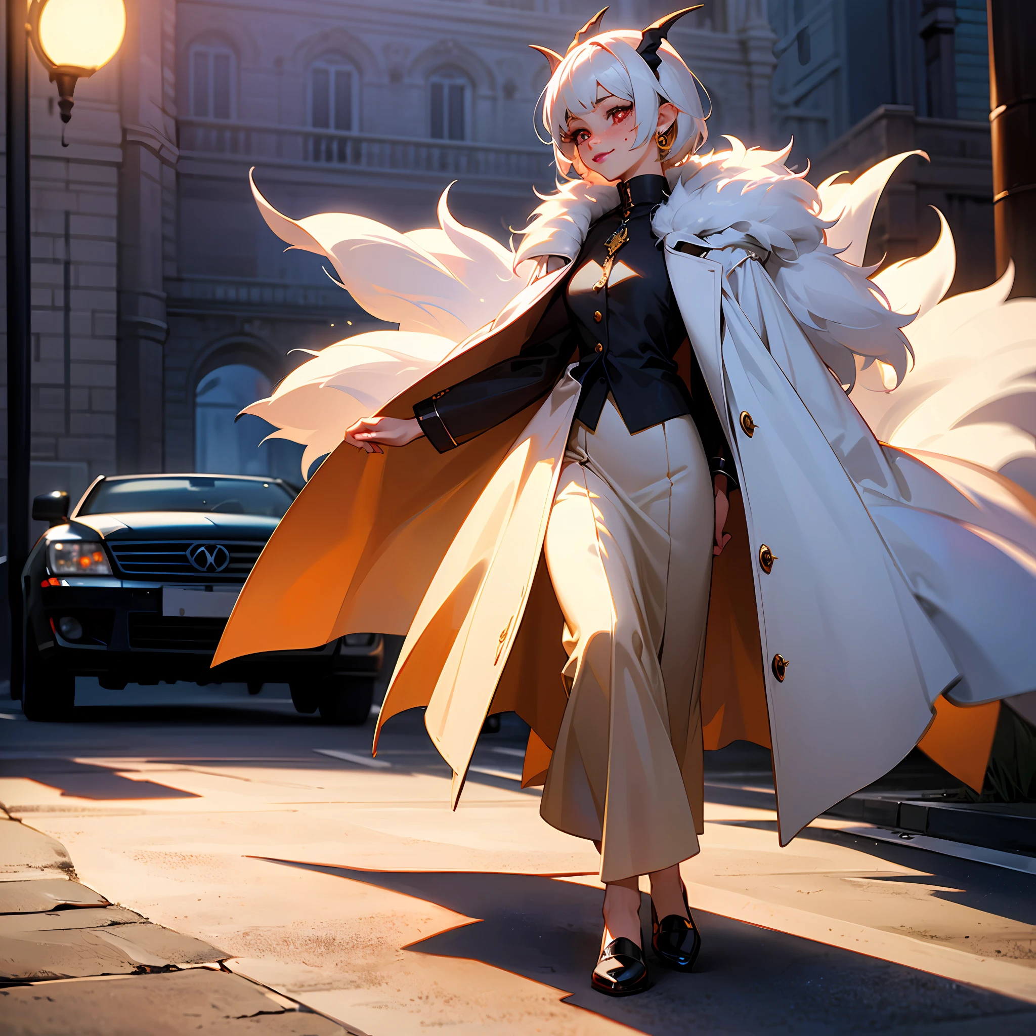 (Masterpiece, Absurd, High Quality, Best Quality, Ultra Detail, Beautiful), Perfect Eyes, Perfect Face, Perfect Lighting, Textured Skin, Beautiful Detail Face, (Detailed Face: 1.4), Beautiful Detail Eyes, Ambient Light, Realistic Shadows, Beautiful Detail Pupils, Cute, 1 Girl, Solo, One Focus, Beelzebub, Short Hair, White Hair, Demon Girl, Demon Tail, Freckles, Red Eyes, White Horns, Purple Lipstick, Lips, Blush, White Fur Coat, (white fur-trimmed coat: 1.3), outdoor, street, (evening: 1.2), car in background, headlights, church in background, lighting, moon, looking at the audience, walking, smiling, from the side, full body, rich, expensive, jewelry --auto