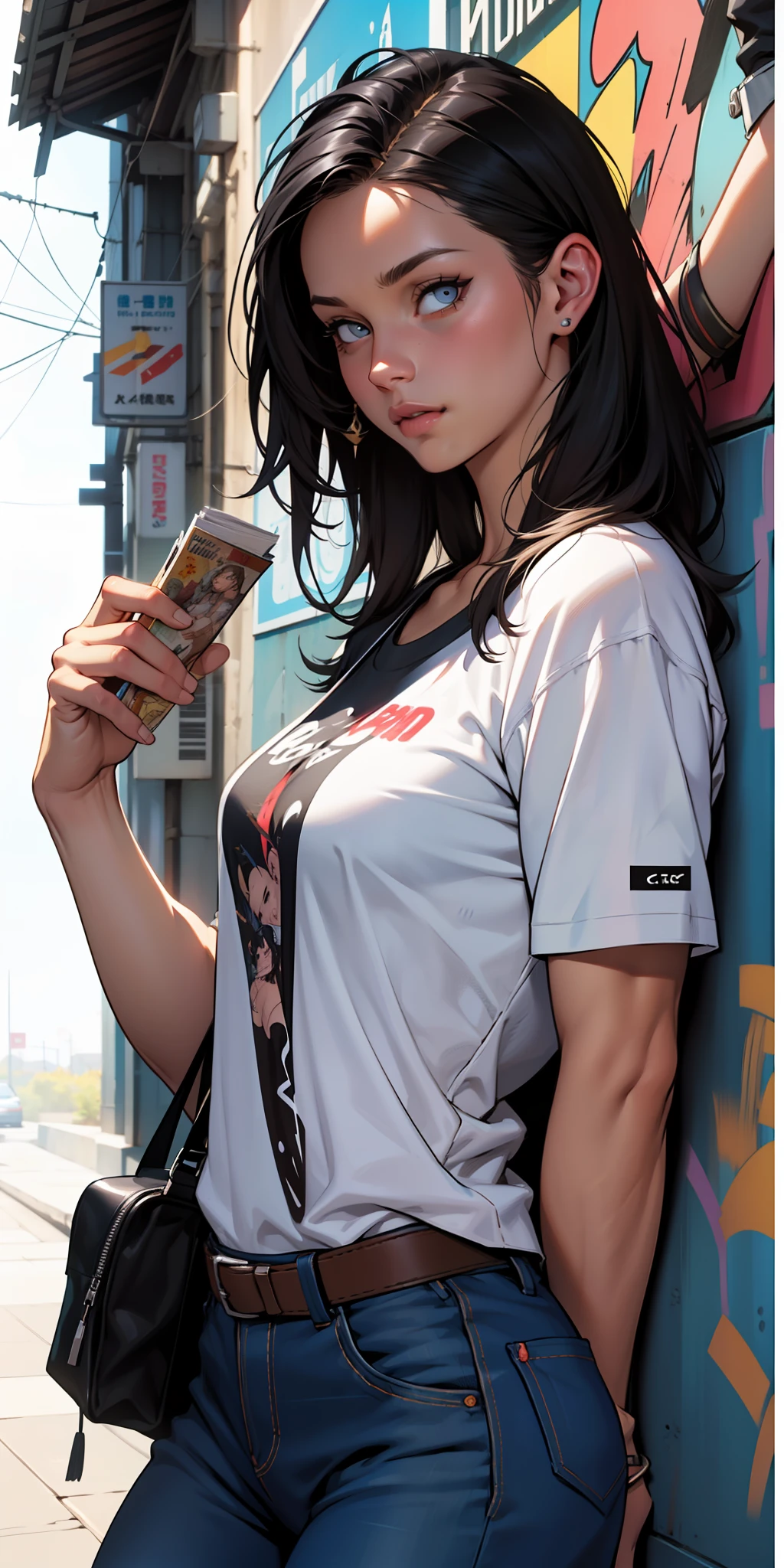 background, mixed-language_text, Japanese letters in graffit,, (beautiful and clear background:1.2),, fantastic paintings ,graffit style, olhos altamente detalhados , a white t-shirt or tatoon stamp , ultra detailed hair, masterpiece, best quality, high quality, highres, detail enhancement, ((most beautiful image in the world)), masterpiece, best quality, high quality, highres, detail enhancement, ((most beautiful image )),with short, shiny black hair, t-shirt, wearing jeans,, art by stjepan sejic, art by j scott campbell, art by guillem march, art by citemer liu, 4k, high resolution, comic book character, comic, high quality detailed, style ::2.0 comix illustration style,tatoon style, high quality, highres, detail enhancement, 8k, hd, best quality, high quality, highres, detail enhancement, 8k, hdr, sharp focus, ultra detailed, perfect lighting